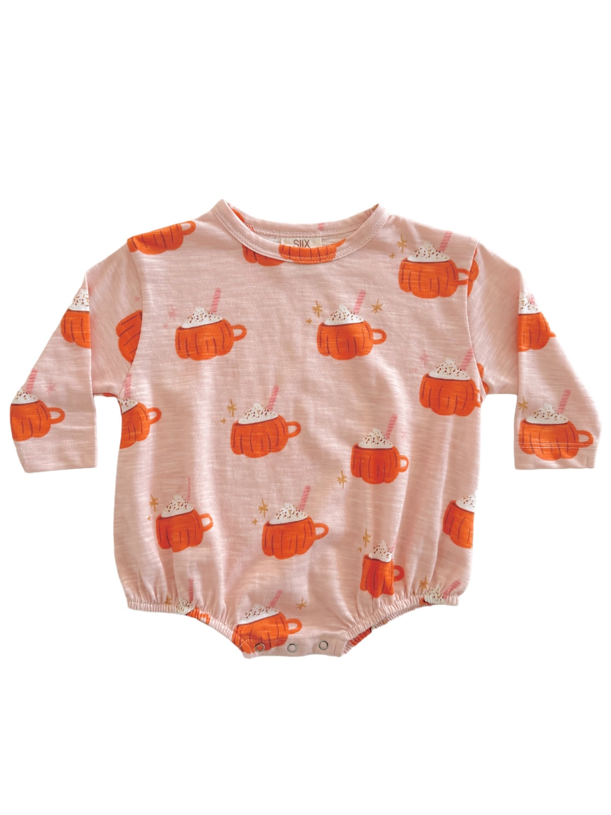 Baby outfit featuring a playful design of orange mugs with whipped cream on a light pink background.