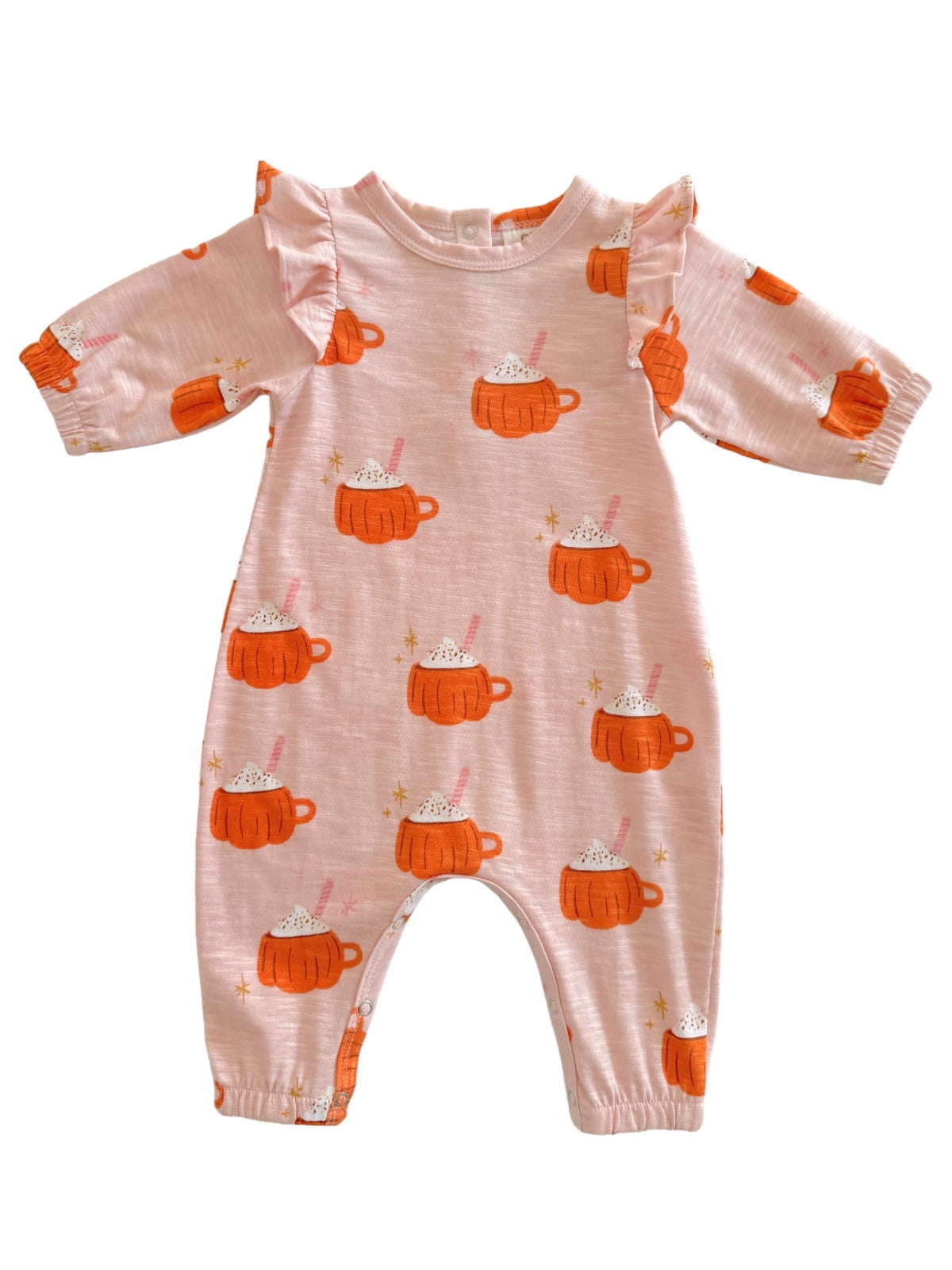 Pink toddler onesie with orange mug prints and ruffles on the shoulders, perfect for cozy outfits.