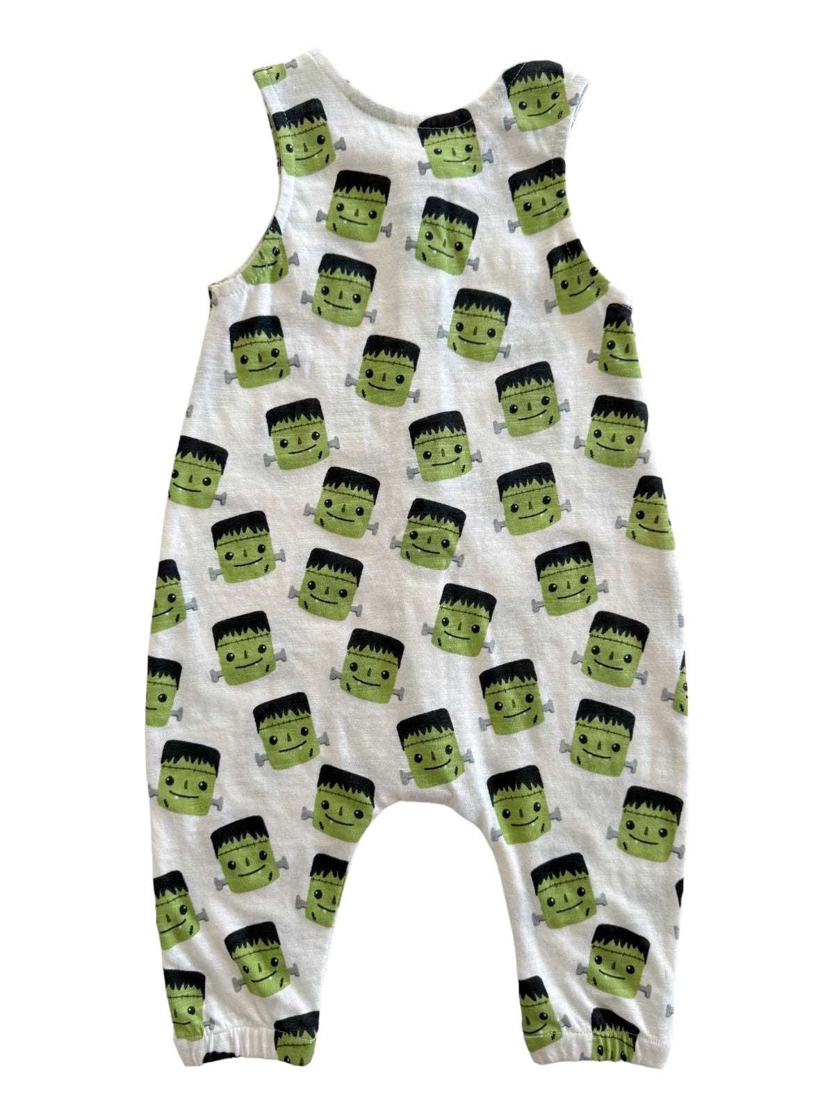 Frankenstein-themed baby romper with multiple playful green monster patterns on a light gray background.