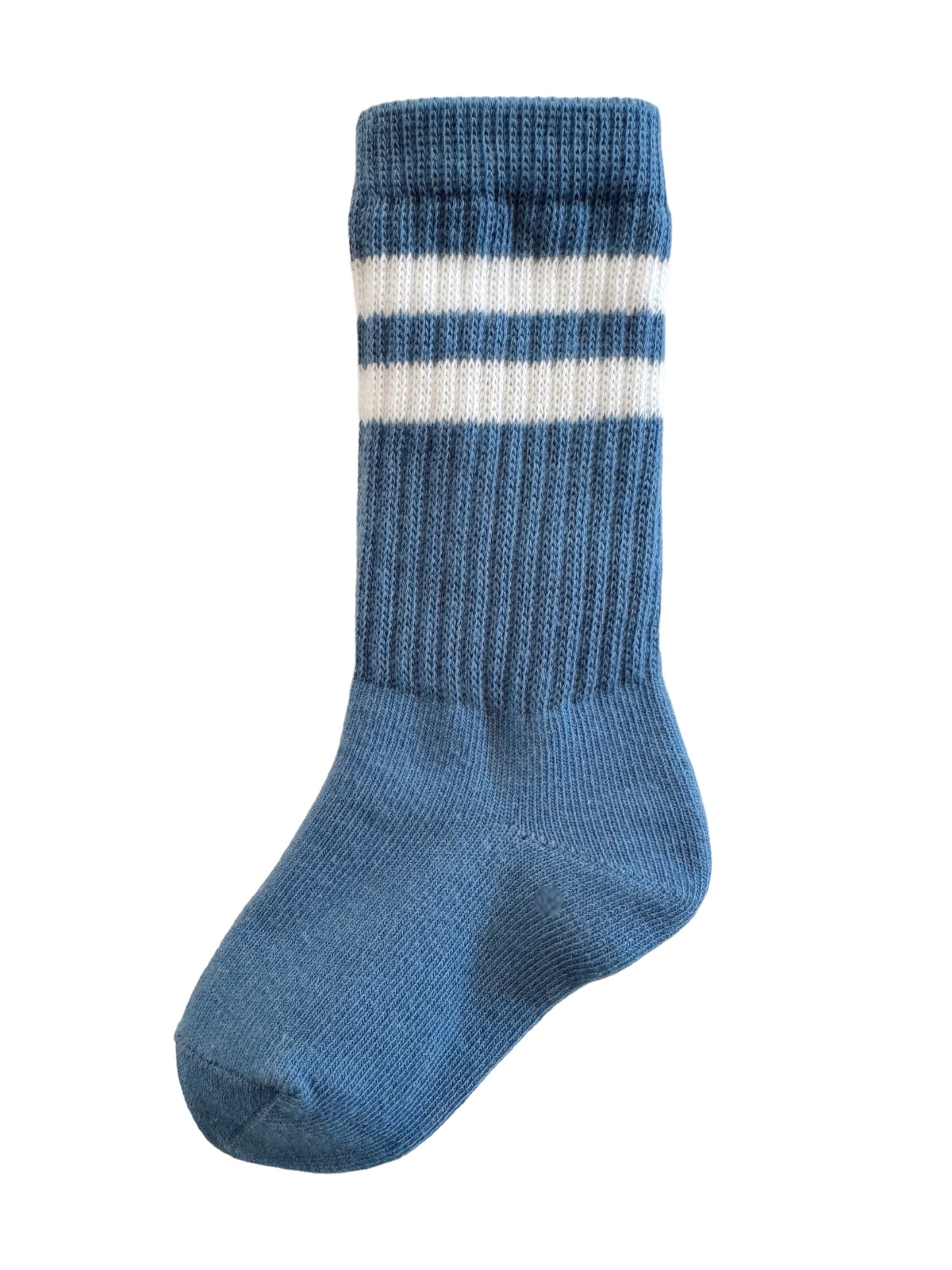 Blue striped socks with white stripes, showcasing a ribbed texture and soft fabric.