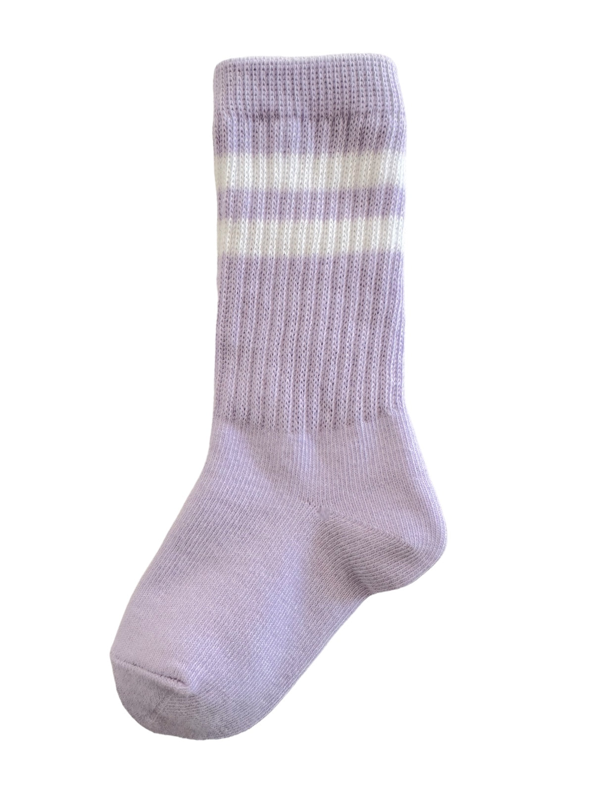 Lilac crew sock with white stripes against a white background.