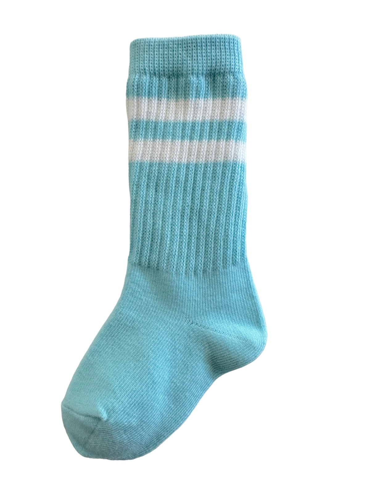 A single turquoise sock with white stripes, designed for comfort and style.