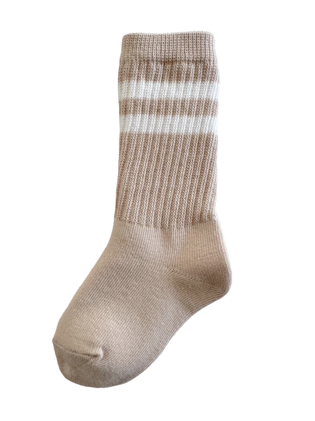 Beige ribbed sock with white stripes, angled to display its design and texture.