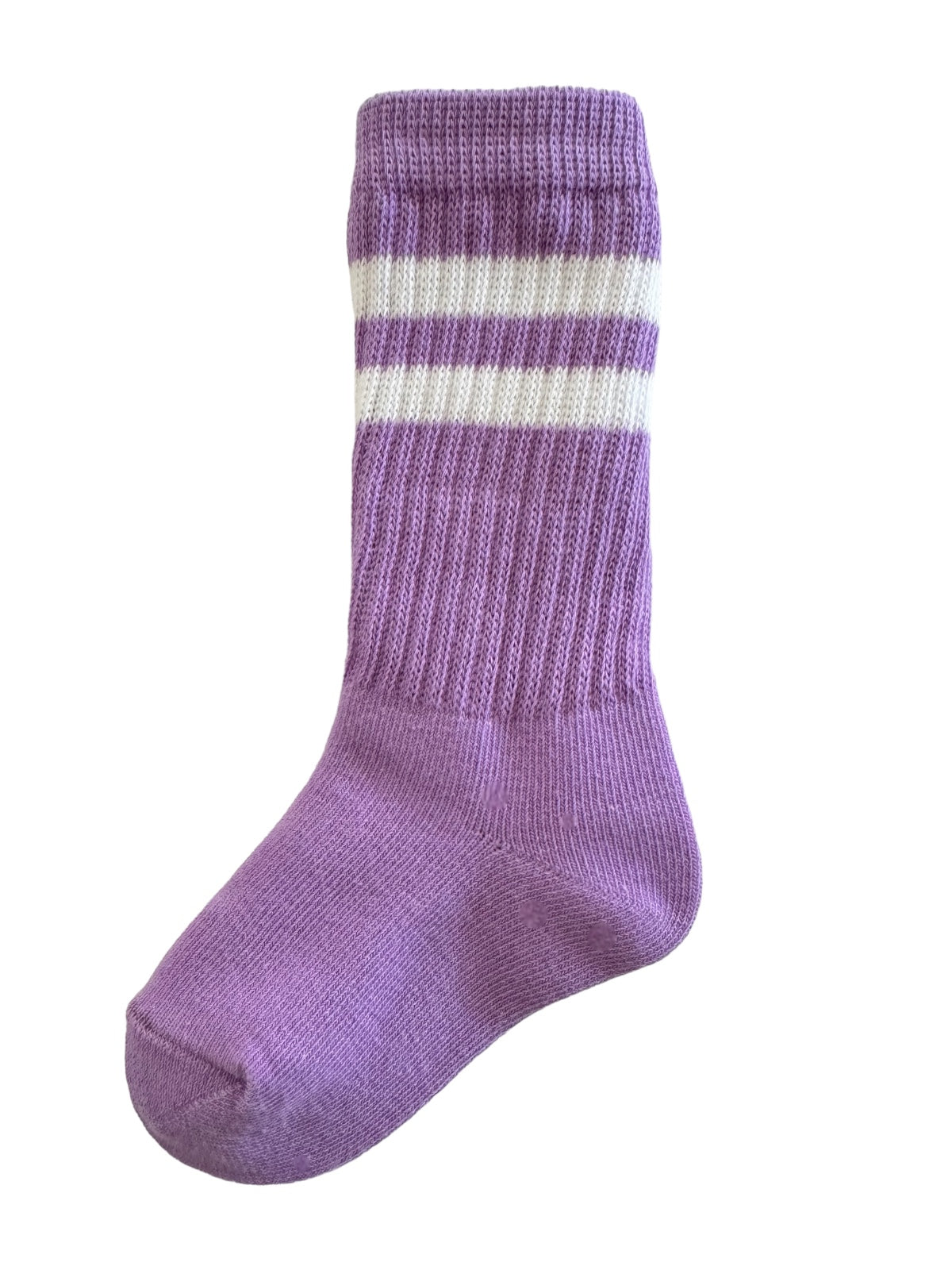 Purple sock with white stripes, featuring a ribbed cuff and soft texture. Perfect for casual wear.
