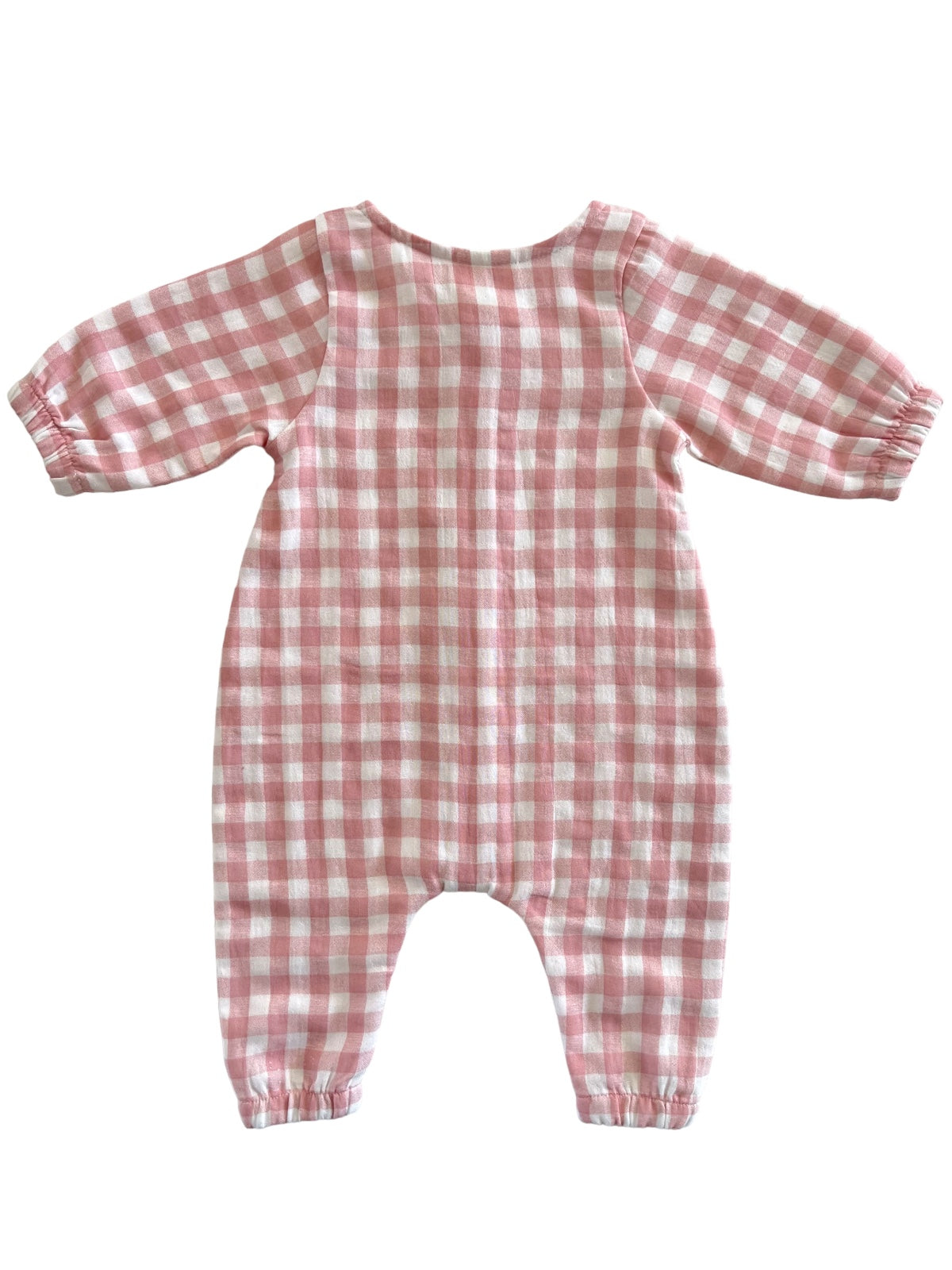 Pink and white gingham patterned baby romper with long sleeves and elastic cuffs.