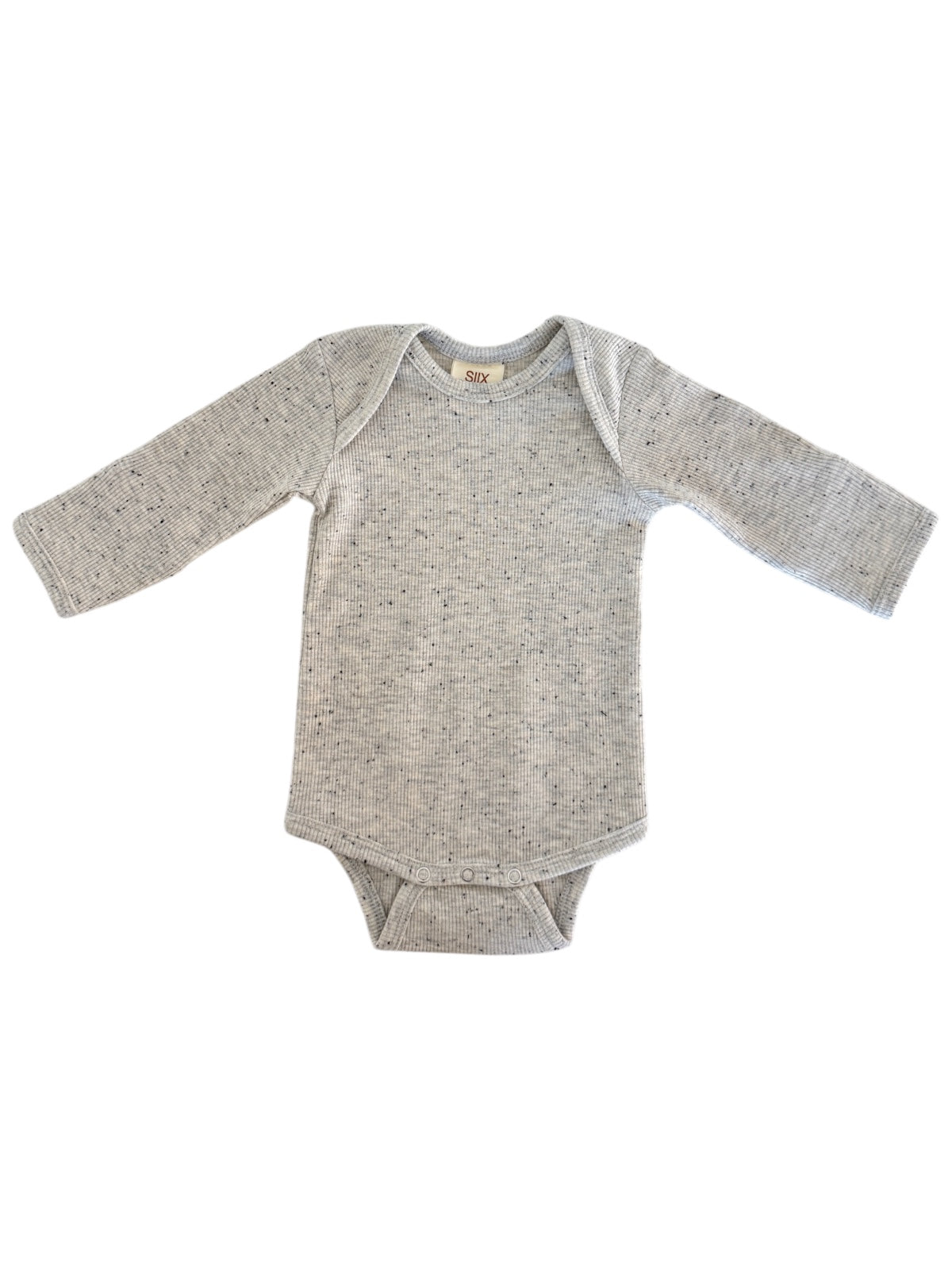 Gray long-sleeve baby bodysuit with snap closure and ribbed texture on a white background.