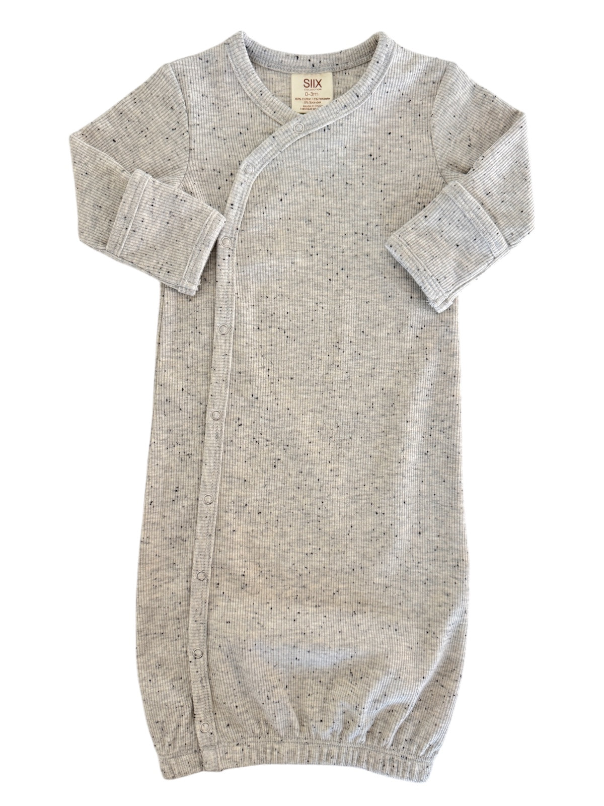 Gray baby sleep gown with a soft texture and snap buttons for easy dressing.