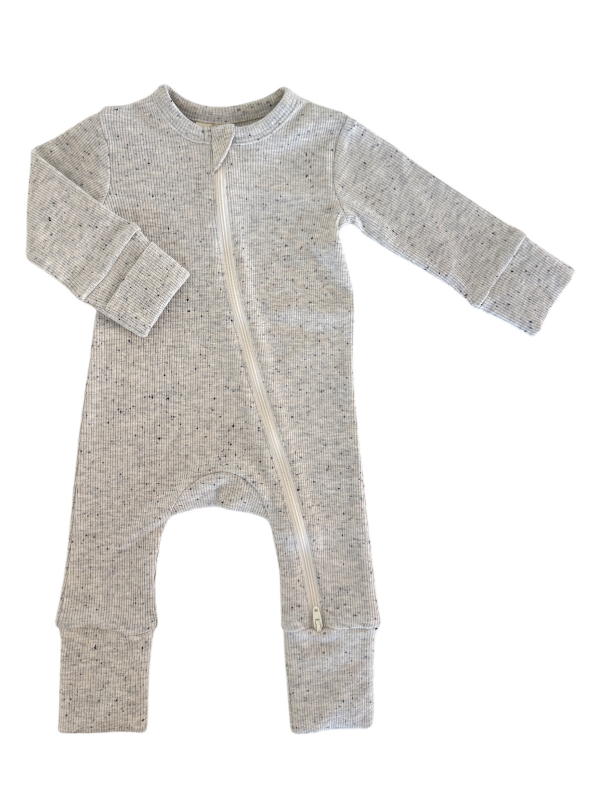Gray infant onesie with long sleeves and a front zipper, featuring a textured, speckled design.