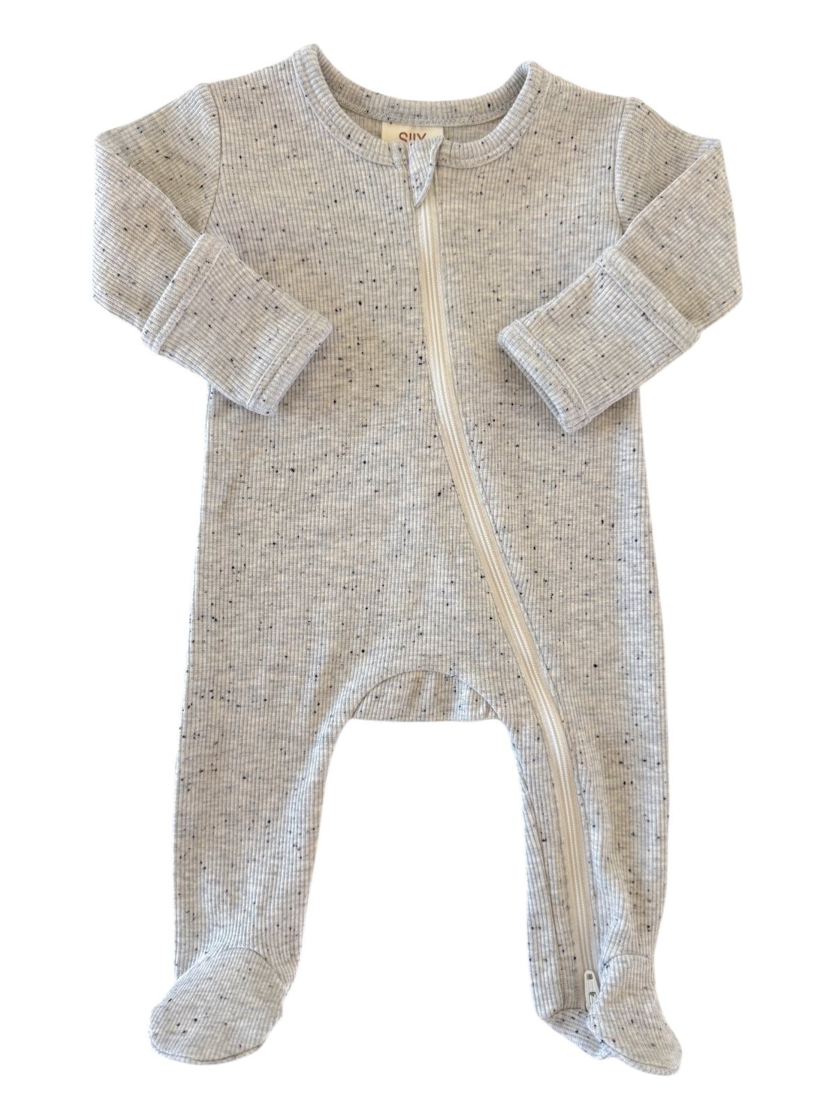 Gray ribbed baby onesie with a front zipper and footed design. Soft texture and cozy fit for infants.