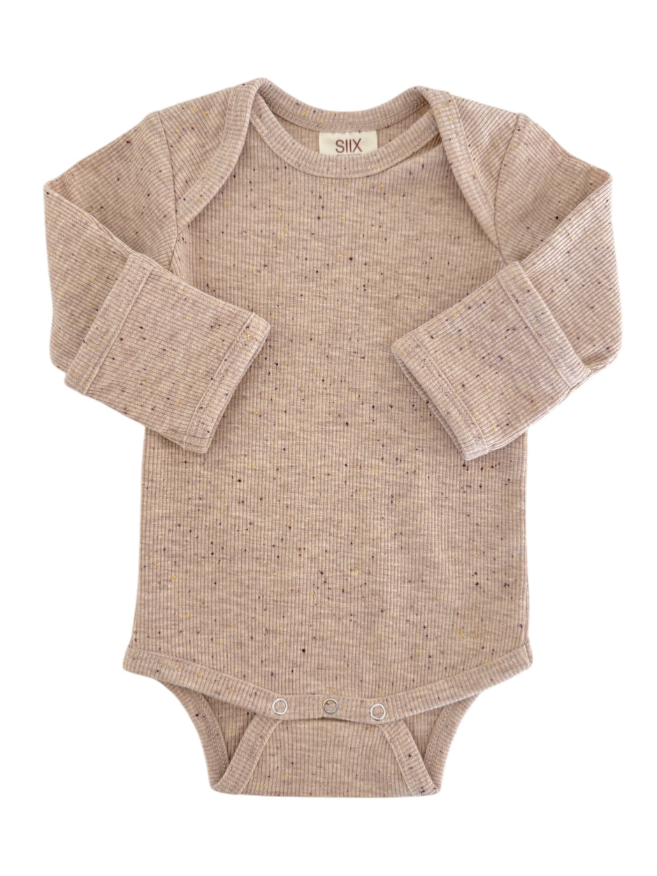 Light beige long-sleeve baby bodysuit with speckled pattern and snap closure at the bottom.