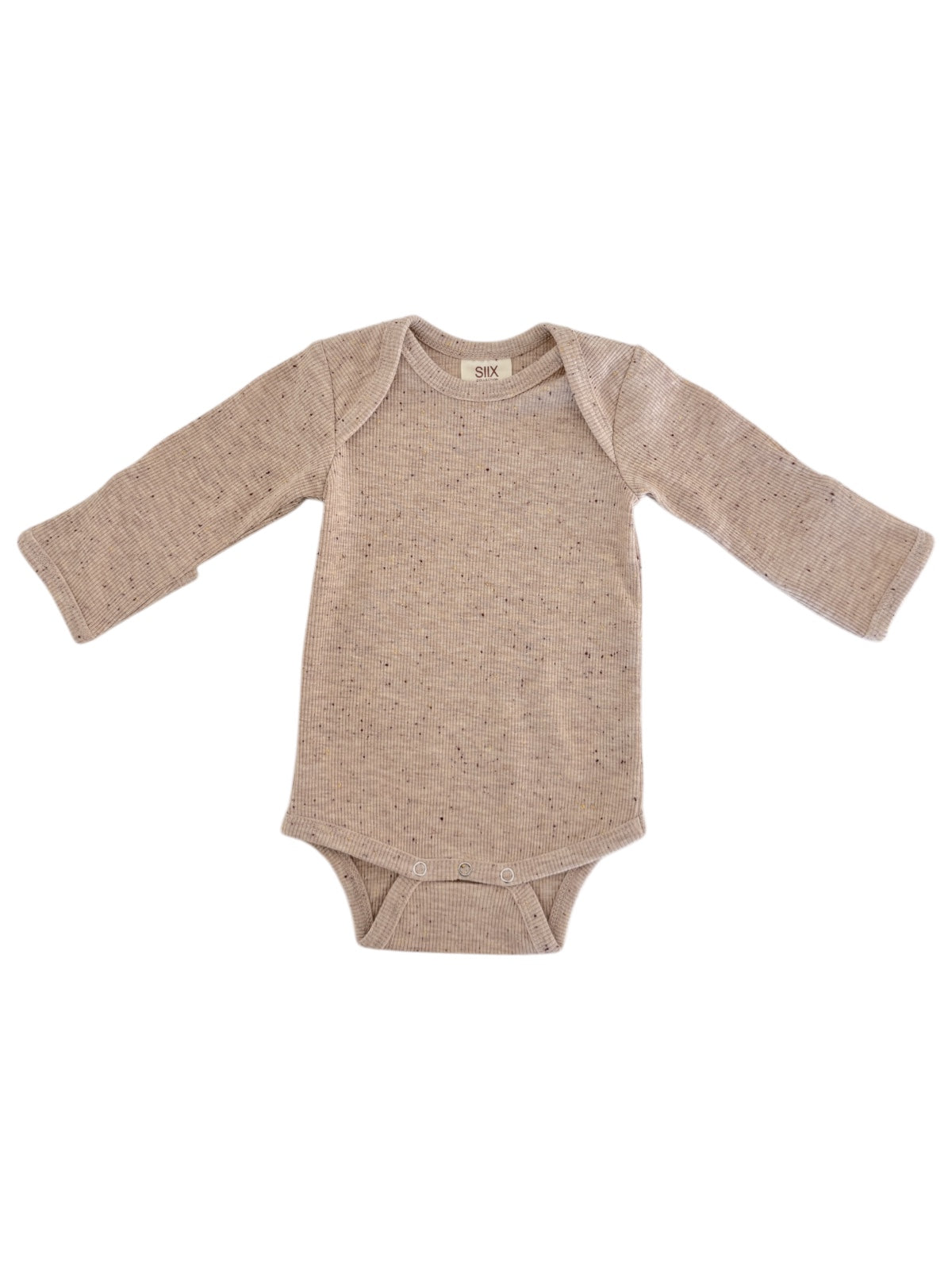 Beige long-sleeve baby onesie with a ribbed texture and snap buttons at the bottom.
