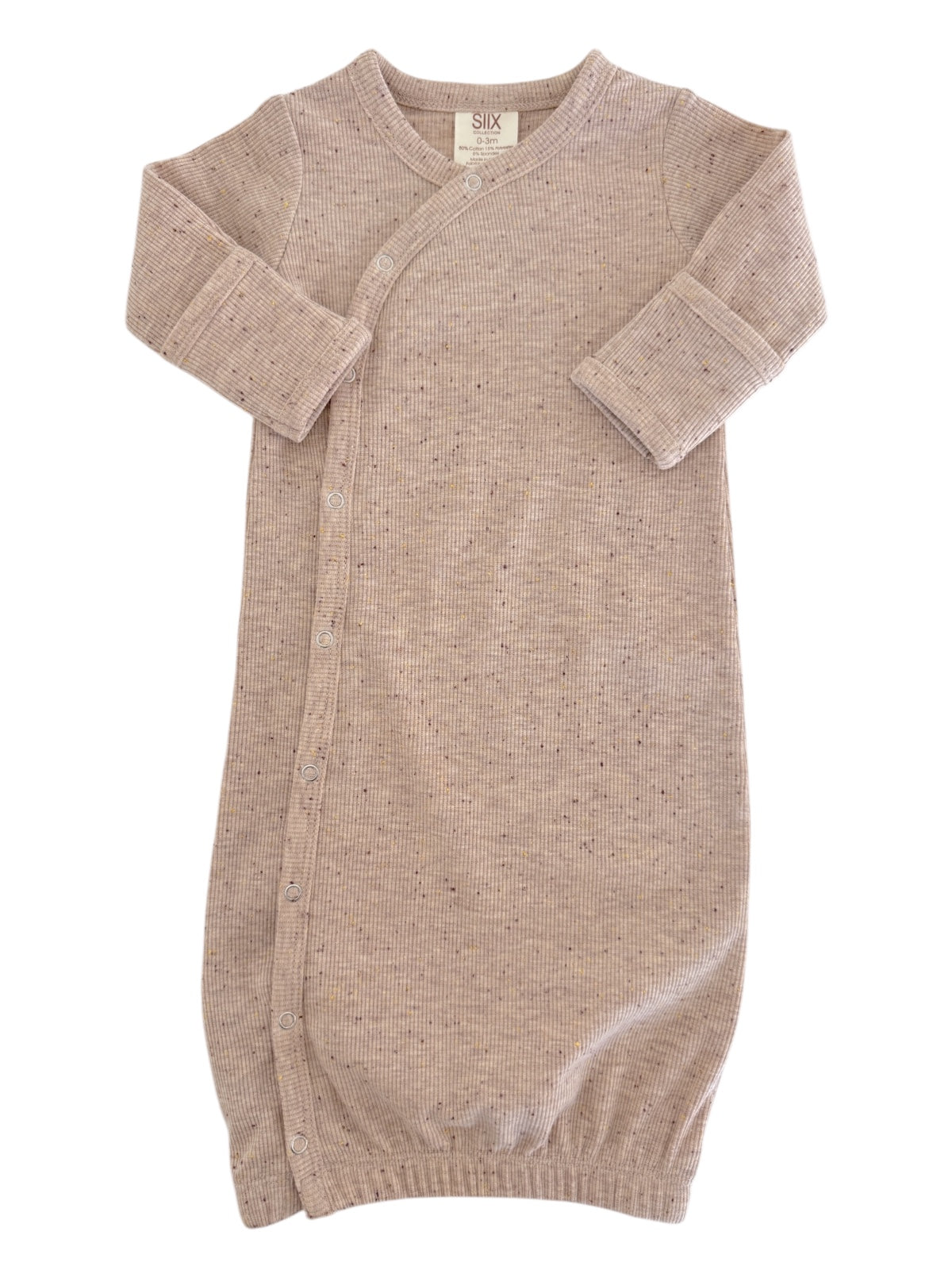 Light brown newborn sleep sack with long sleeves and snap buttons, made from soft ribbed fabric.