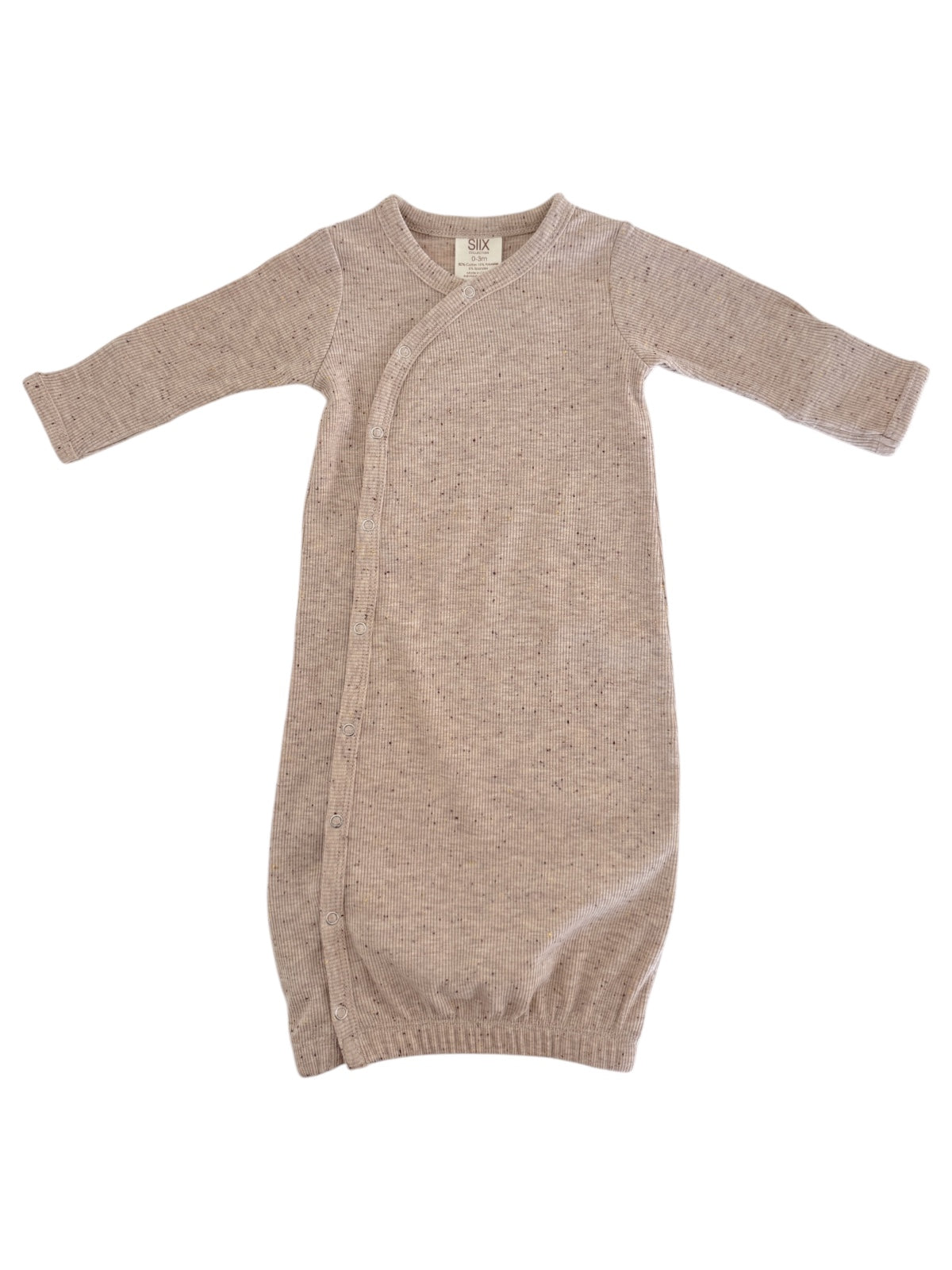 Beige baby sleep gown with long sleeves and a button closure, made from soft ribbed fabric.