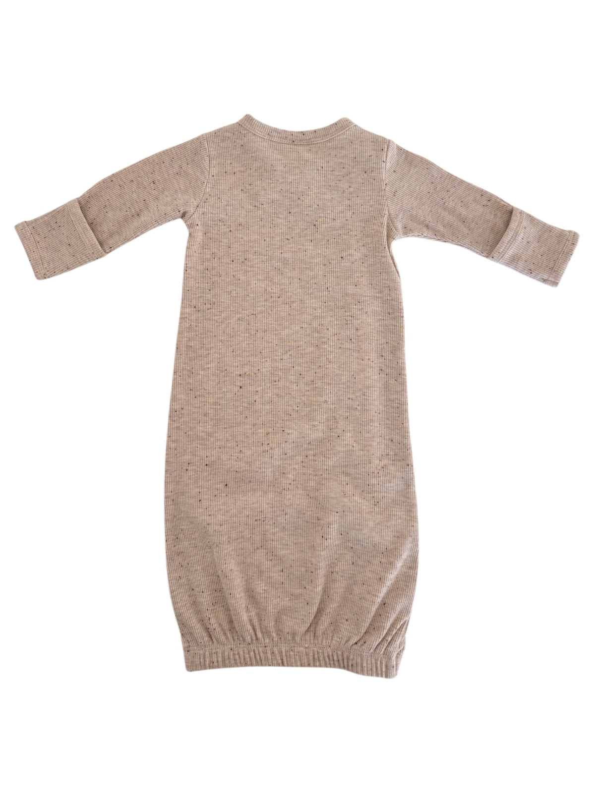Neutral beige baby dress with long sleeves and gathered bottom, shown from the back.