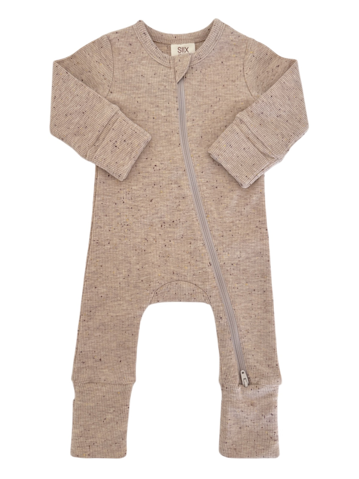Beige baby onesie with long sleeves, ribbed texture, and front zipper detail. Perfect for infants.