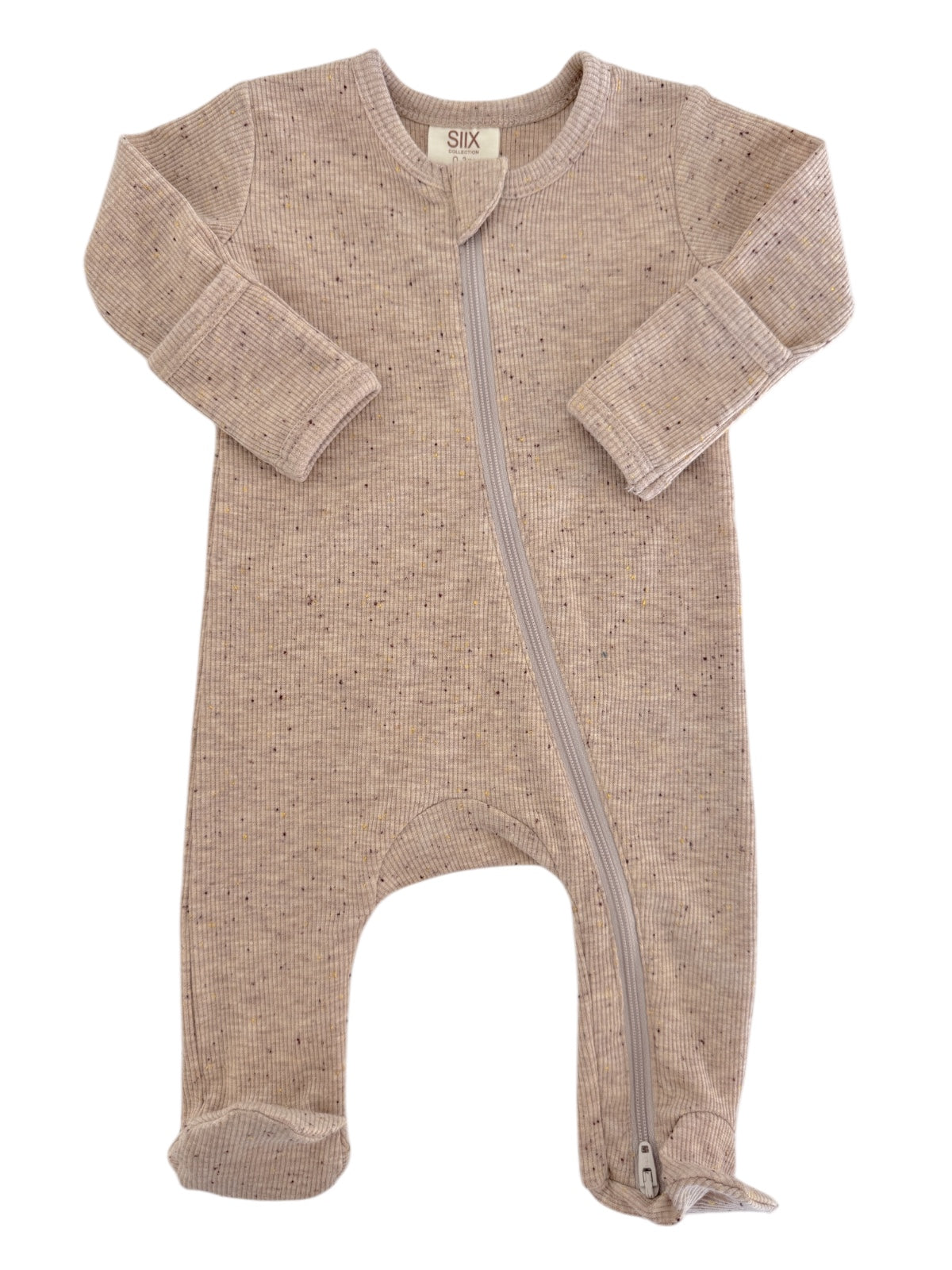 Beige baby onesie with zip closure and long sleeves, featuring a ribbed texture and subtle speckles.