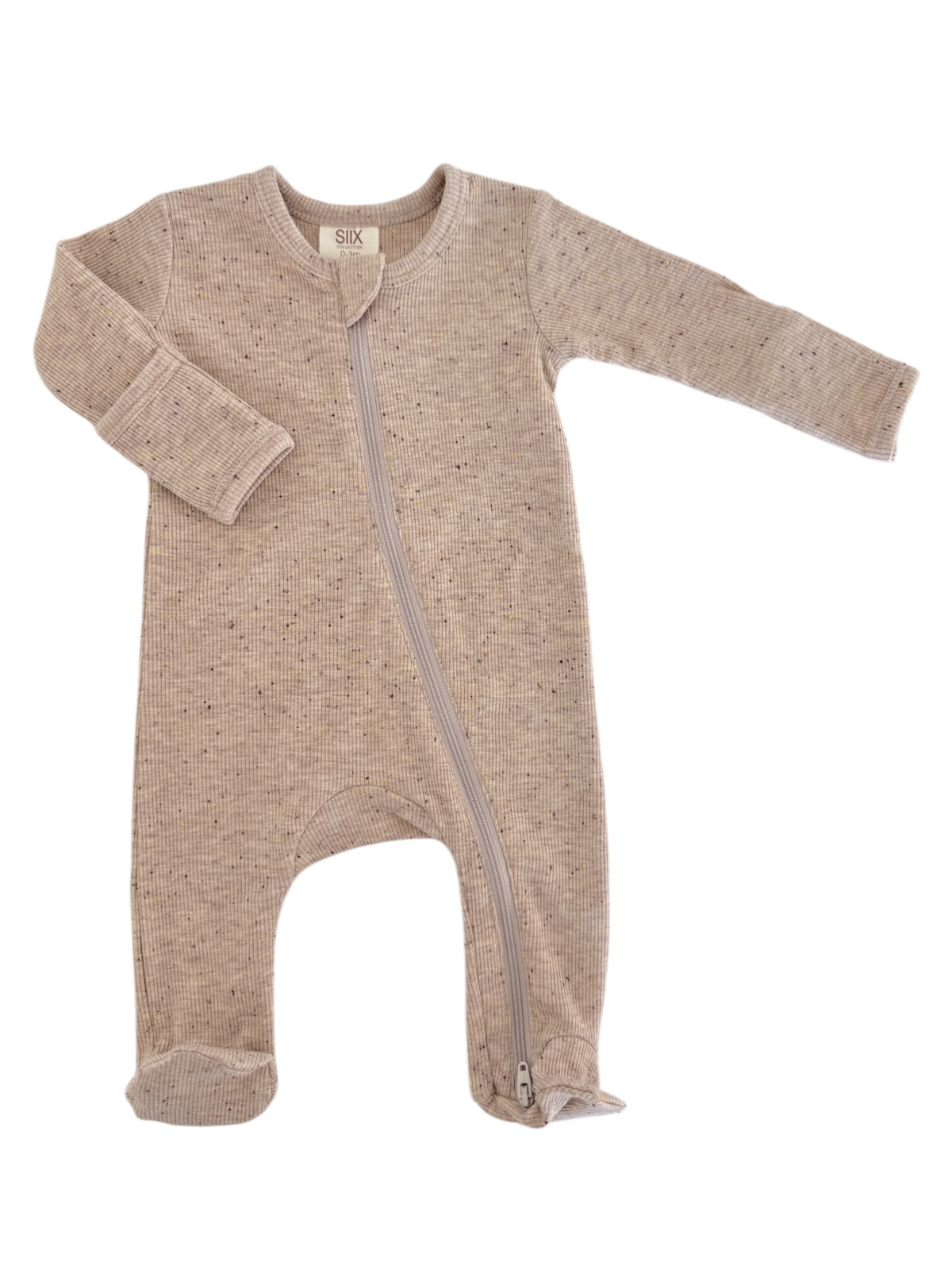 Beige infant onesie with long sleeves and a front zipper, featuring a ribbed texture and footed design.
