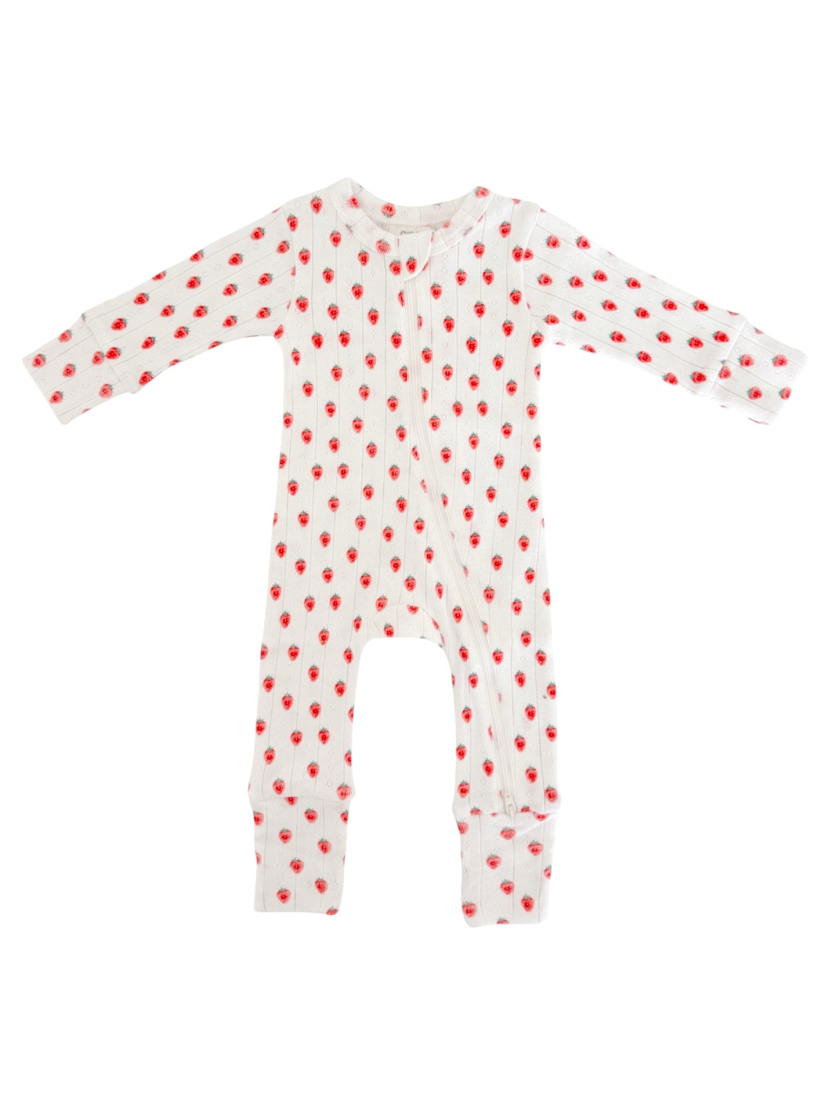 White baby onesie with red strawberry print and long sleeves, featuring a front zip closure.