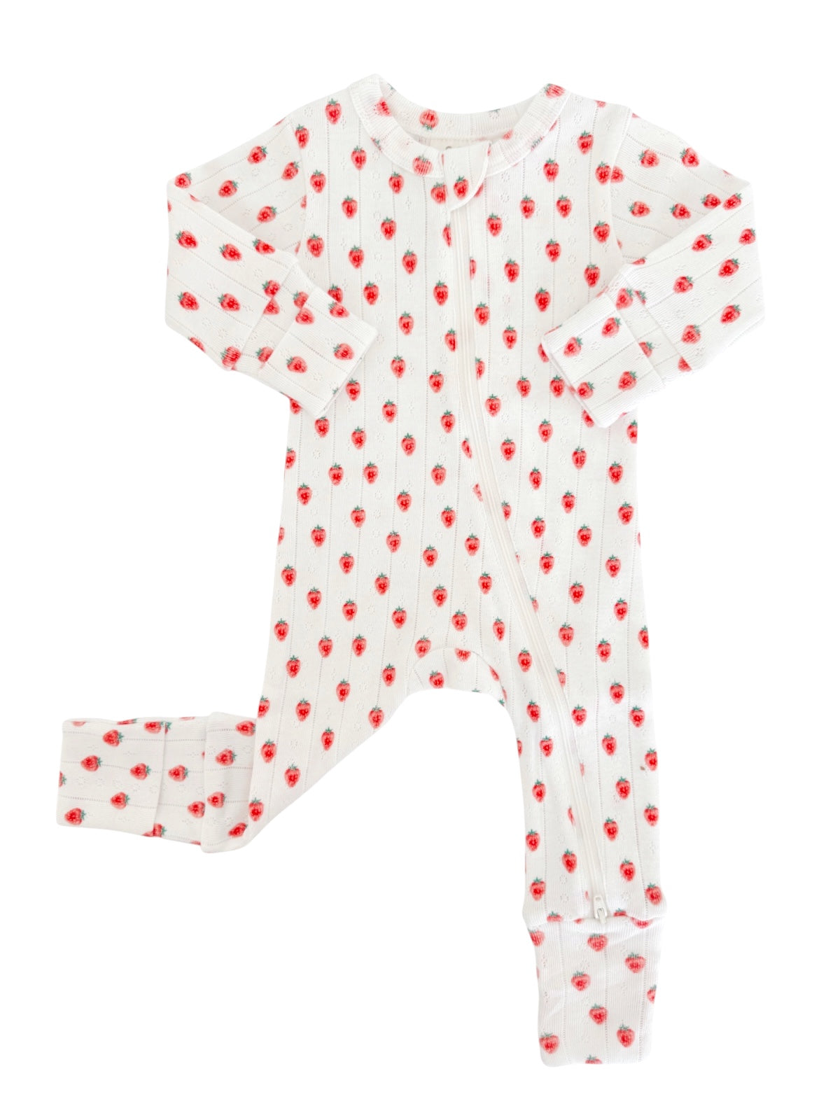 White baby onesie with red strawberry print and long sleeves.