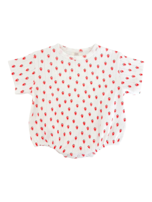 White short-sleeve shirt with a red strawberry print throughout. Soft and comfy fabric, ideal for casual wear.
