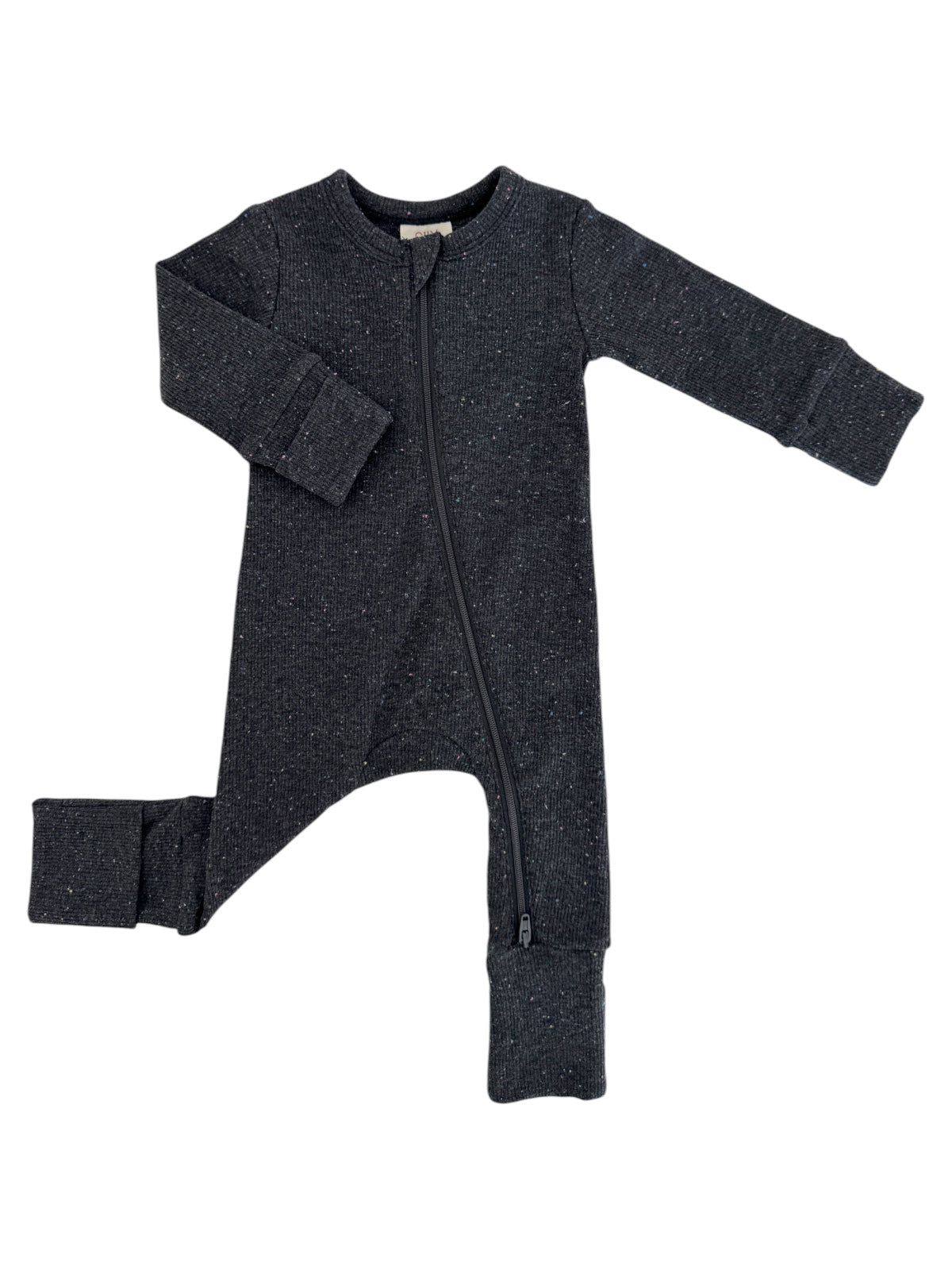 Black toddler zip-up jumpsuit with long sleeves and cuffs. Soft fabric with a subtle speckled pattern.