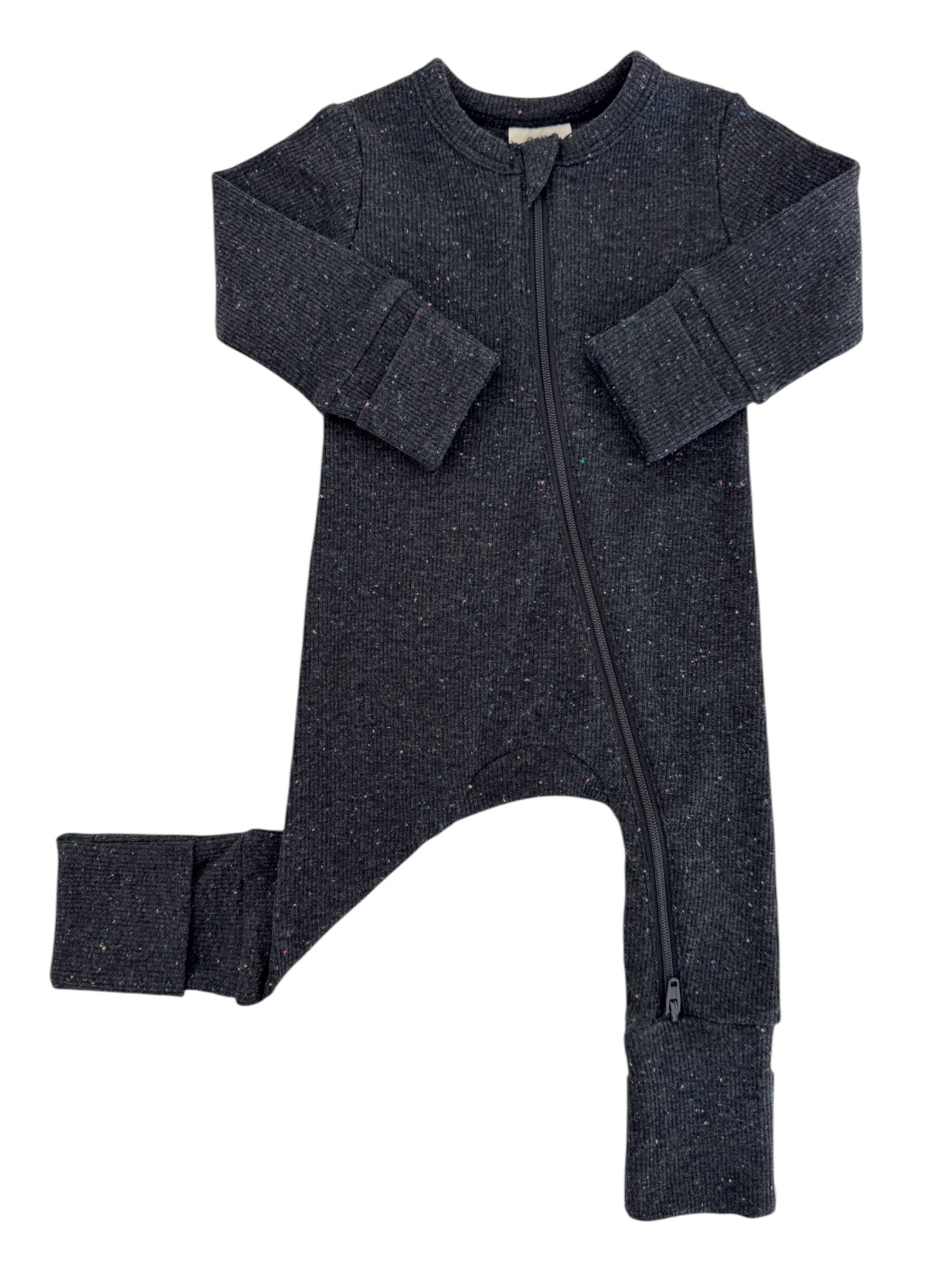 Black speckled zip-up onesie with long sleeves and cuffs, designed for infants or toddlers.