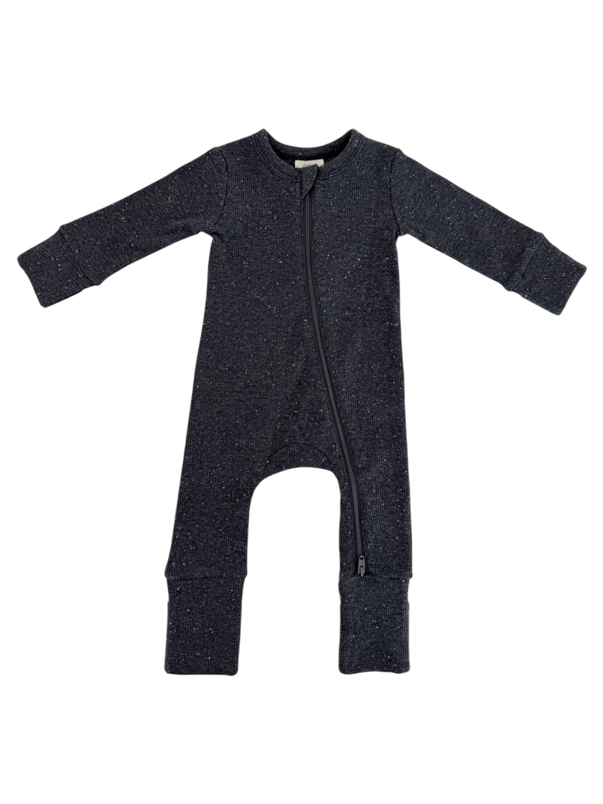 Gray long-sleeve one-piece jumpsuit with a front zipper and cuffs on the sleeves and legs.