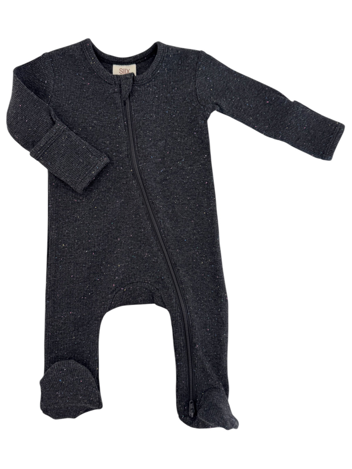 Black baby onesie with long sleeves and a front zipper, featuring a subtle speckled texture.