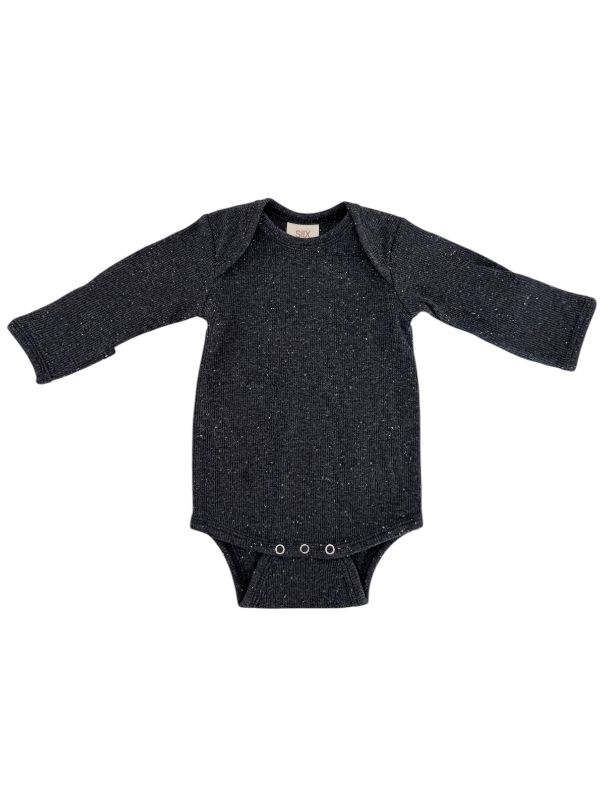 Black long-sleeve baby bodysuit with snap closures at the bottom, made from textured fabric with colorful specks.
