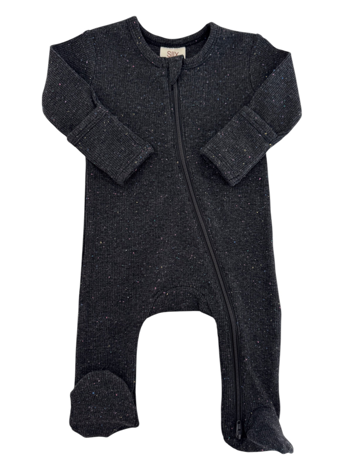 Black infant bodysuit with colorful specks and a front zipper, featuring long sleeves and footed design.