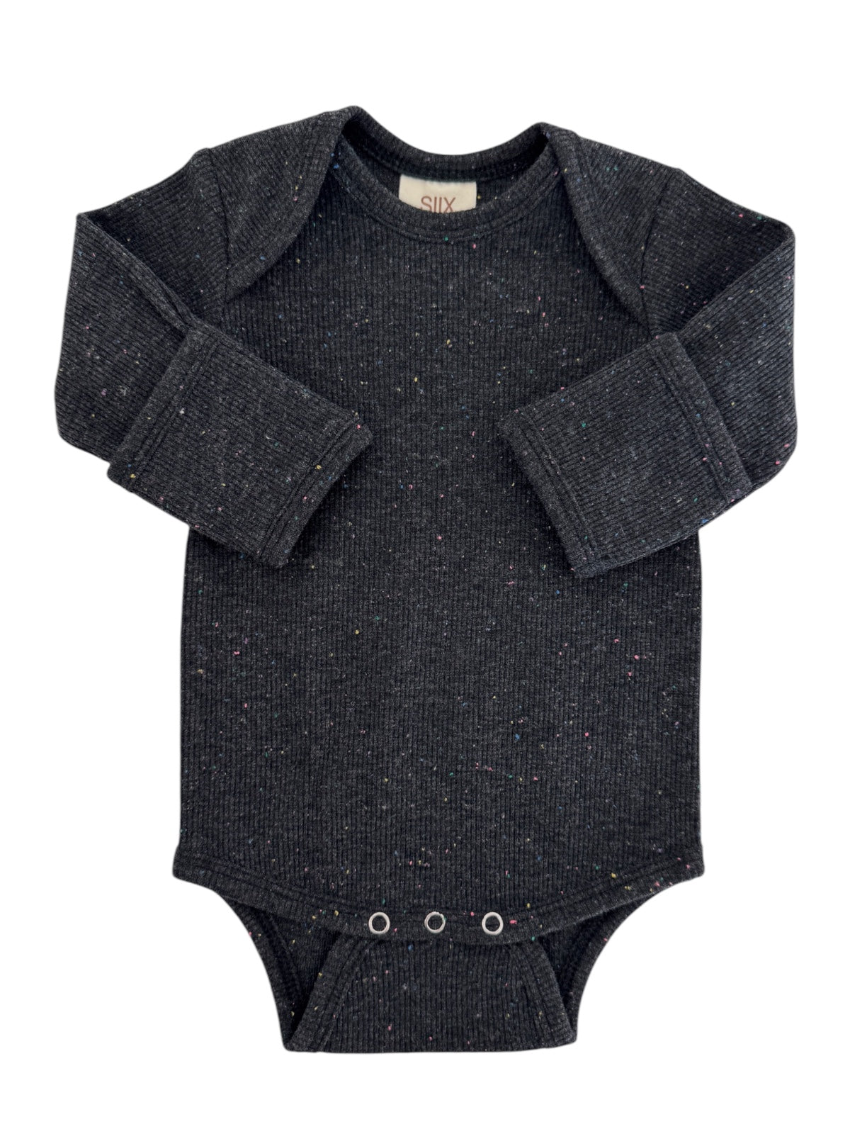 Dark speckled long-sleeve baby bodysuit with bottom snap closures.