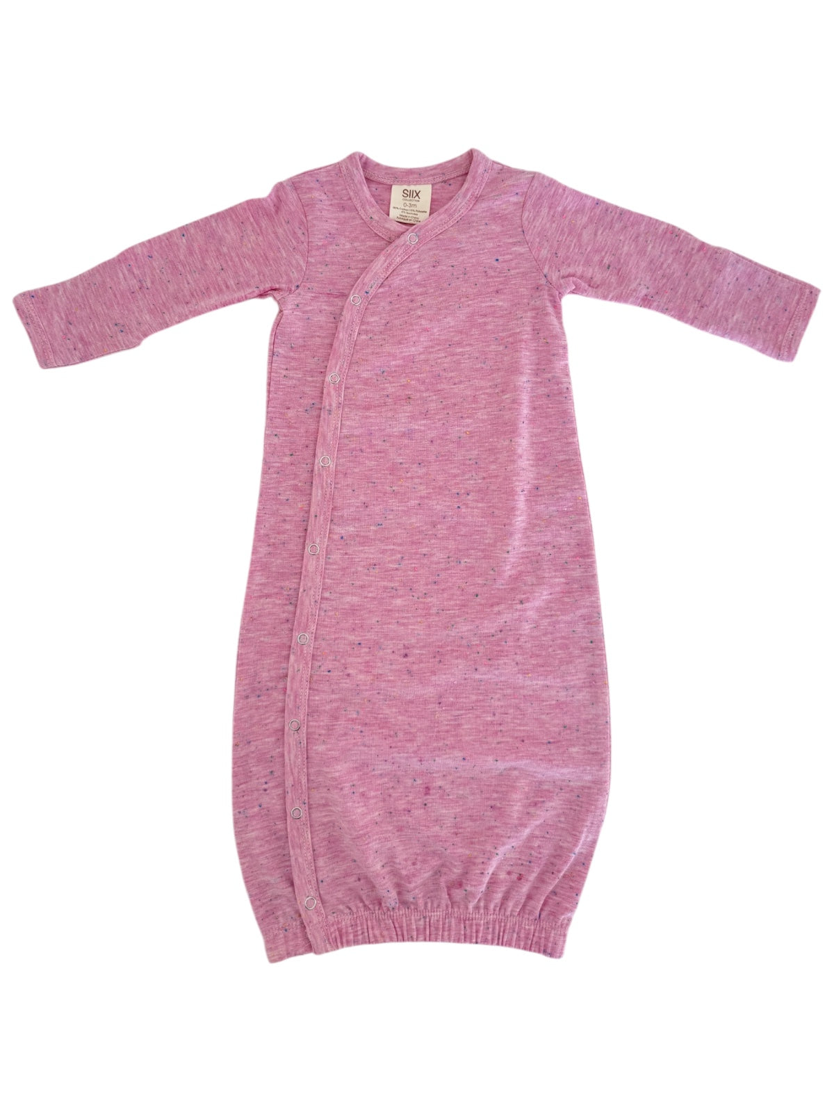 Light pink baby gown with long sleeves and snap closure, designed for comfort and ease of dressing.