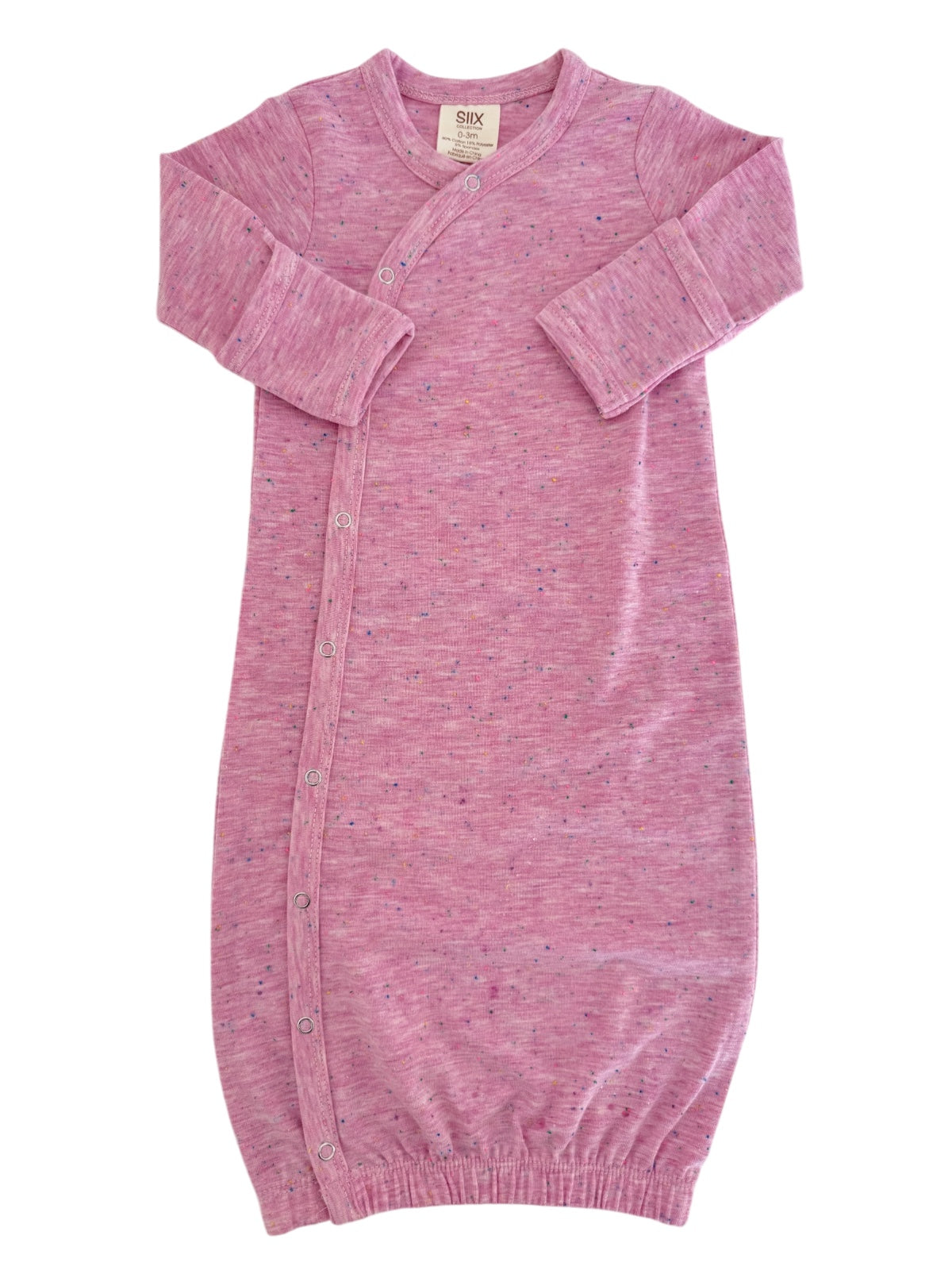 Light pink baby gown with long sleeves and snap buttons, featuring a soft, speckled texture.