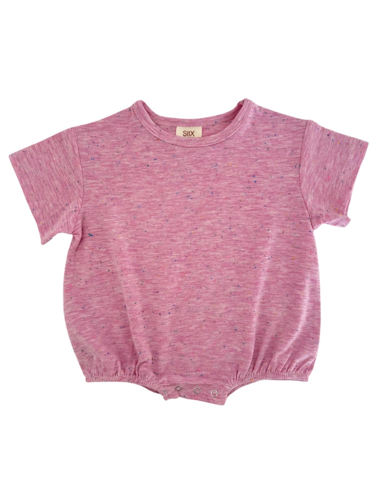 Pink short-sleeve onesie with vibrant speckles and snap closures at the bottom, ideal for infants.
