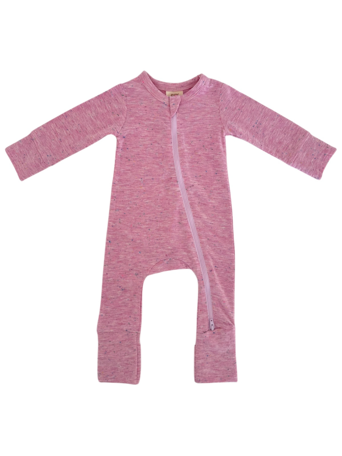 Pink baby onesie with long sleeves and a front zipper. Soft, stretchy fabric for comfort and ease of dressing.