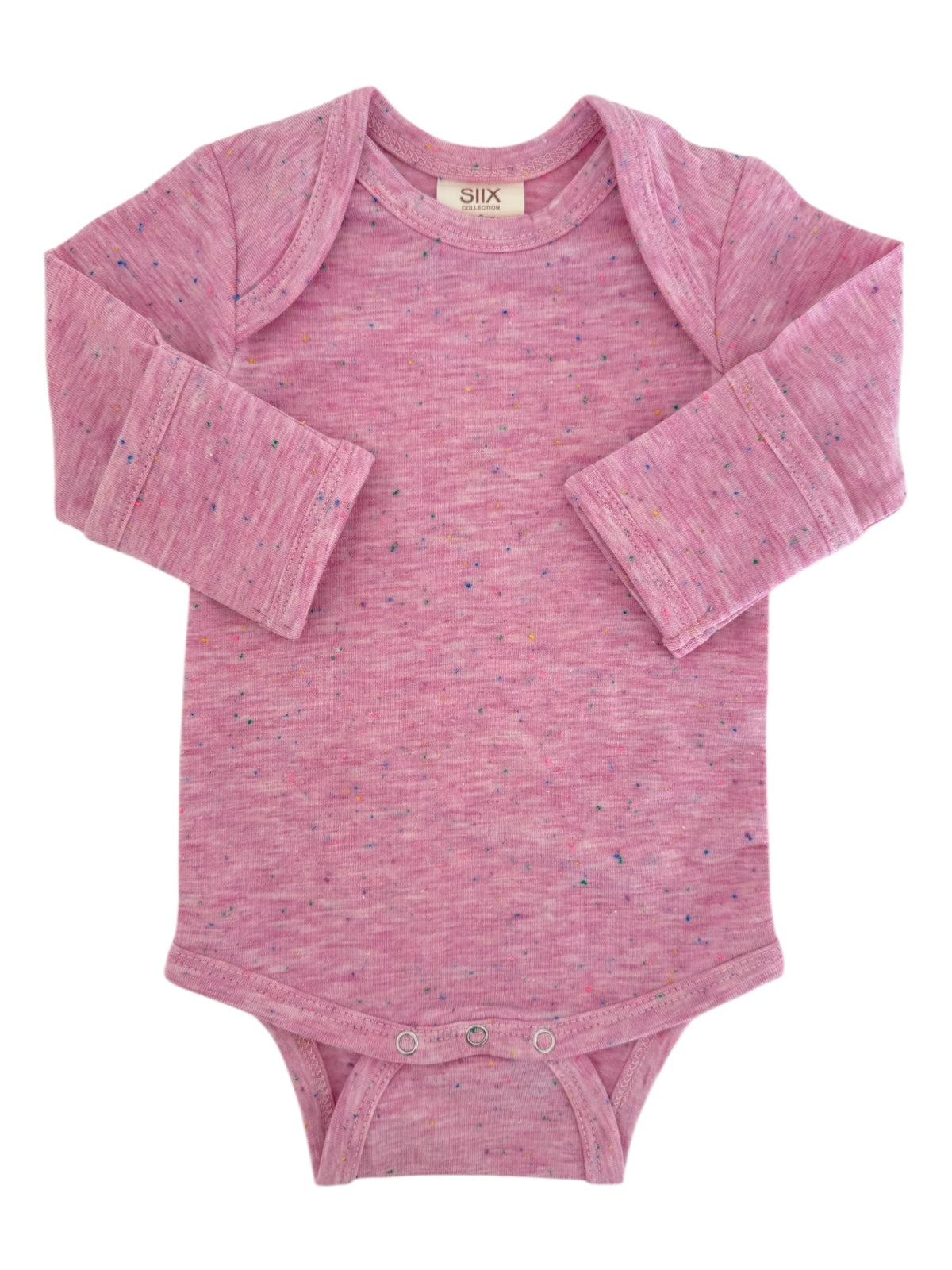 Pink long-sleeve baby onesie with multicolor speckles and snap closures at the bottom.