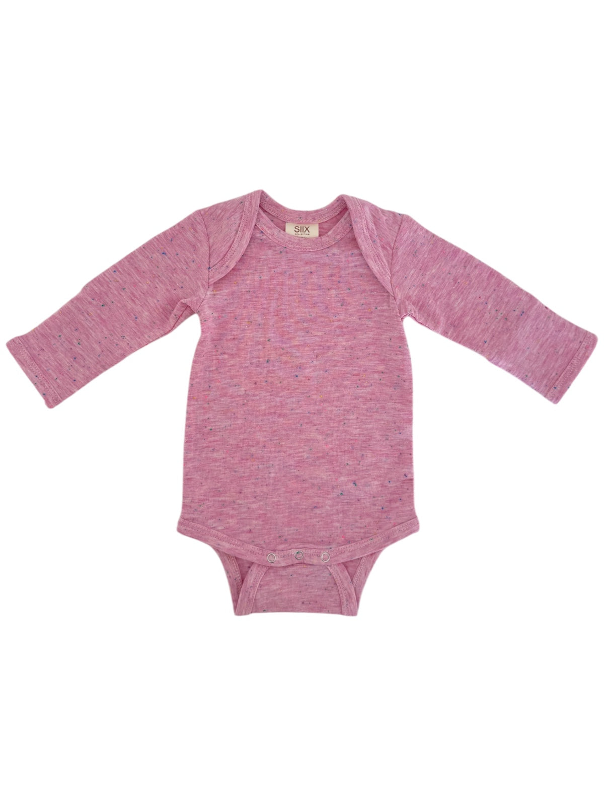 Pink long-sleeve baby onesie with a textured pattern and snap closures at the bottom.
