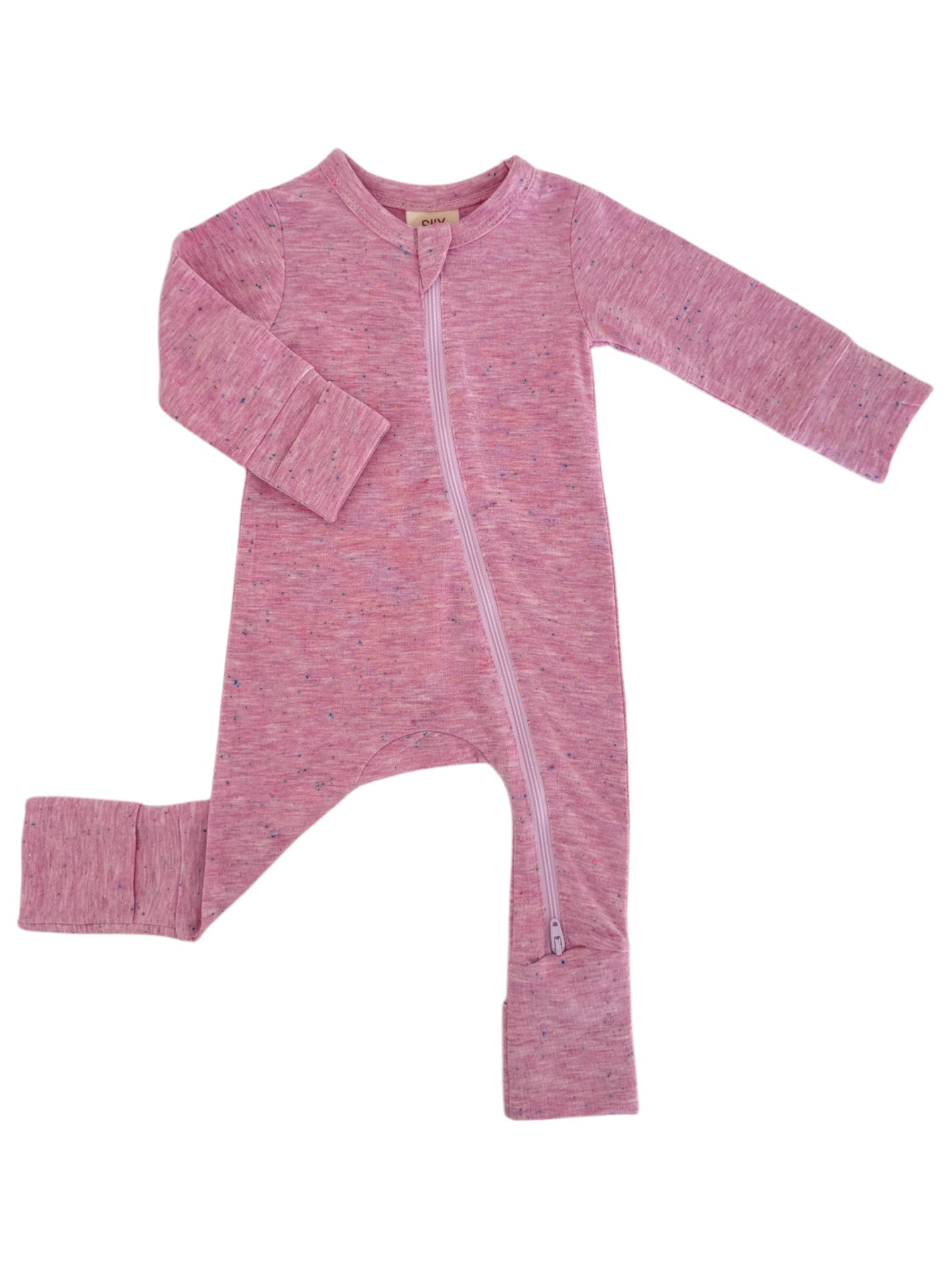 Pink zip-up onesie for infants with long sleeves and footed design. Ideal for comfort and warmth.