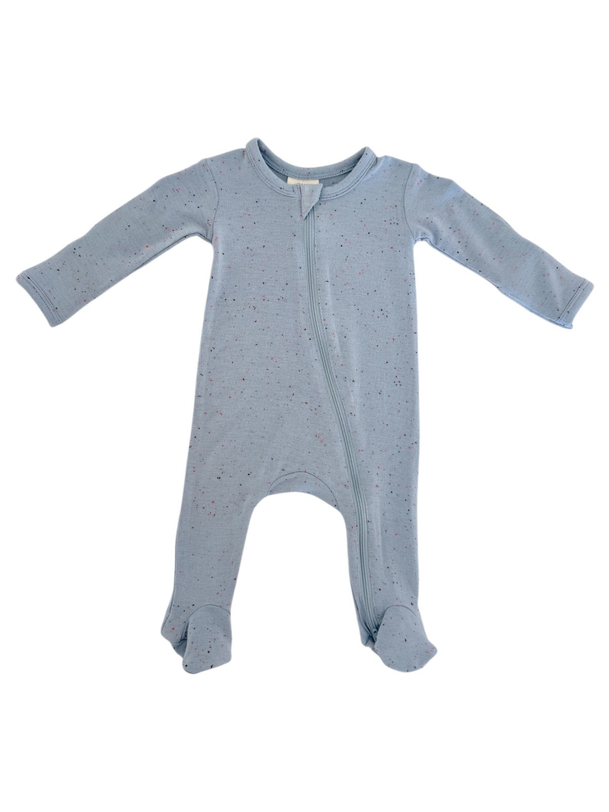Light blue baby onesie with long sleeves and a front zipper, featuring colorful speckles and footed design.