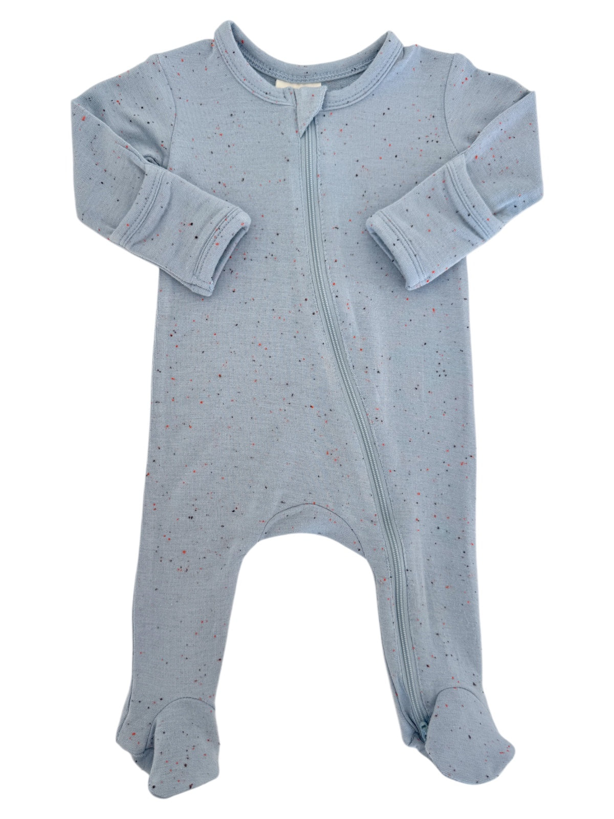Light blue baby onesie with speckled design, featuring a front zipper and footed bottoms.