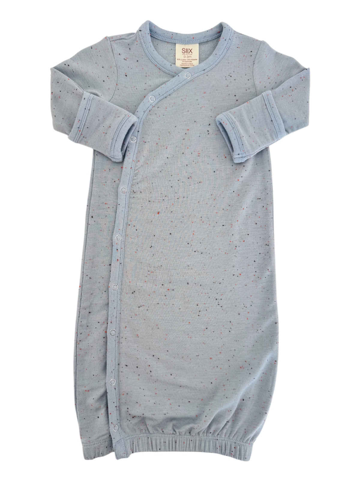 Light blue baby gown with speckled design, featuring long sleeves and snap closures. Ideal for newborns.