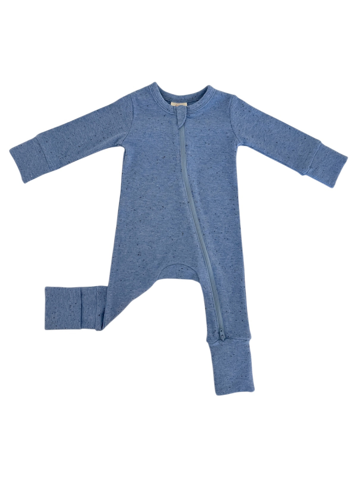 Light blue children's onesie with long sleeves and a front zipper, designed for comfort and ease.