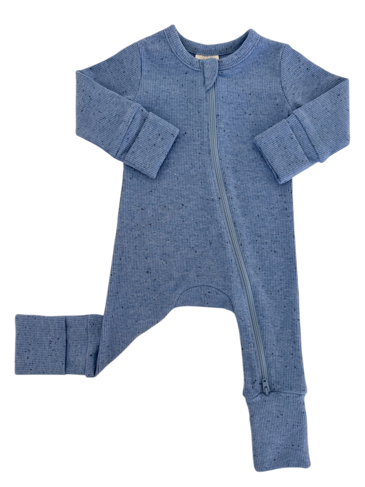 Light blue ribbed baby onesie with a front zipper and long sleeves, featuring cuffs at the wrists and ankles.