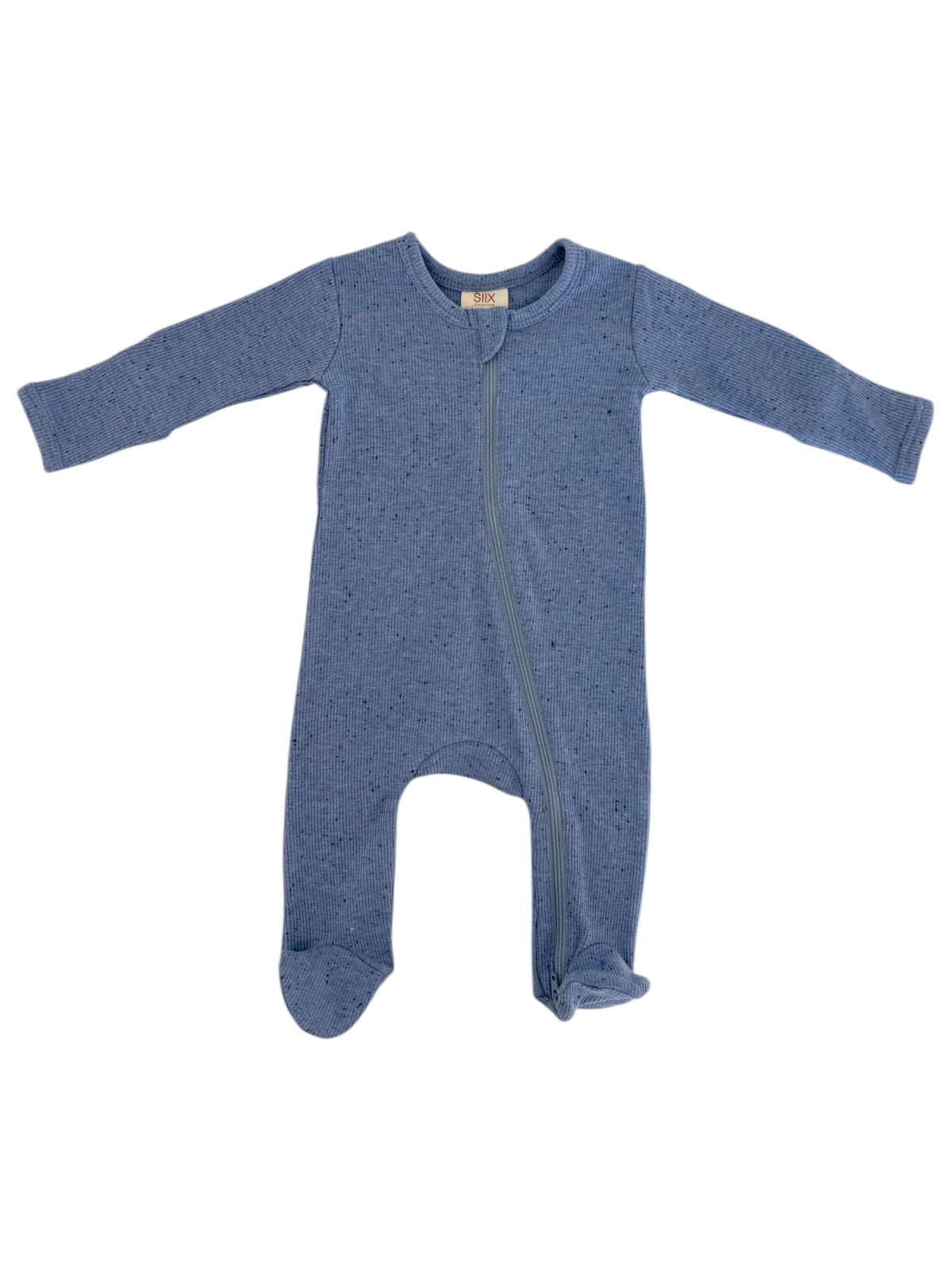 Blue infant onesie with long sleeves and a front zipper, designed for comfort and easy dressing.