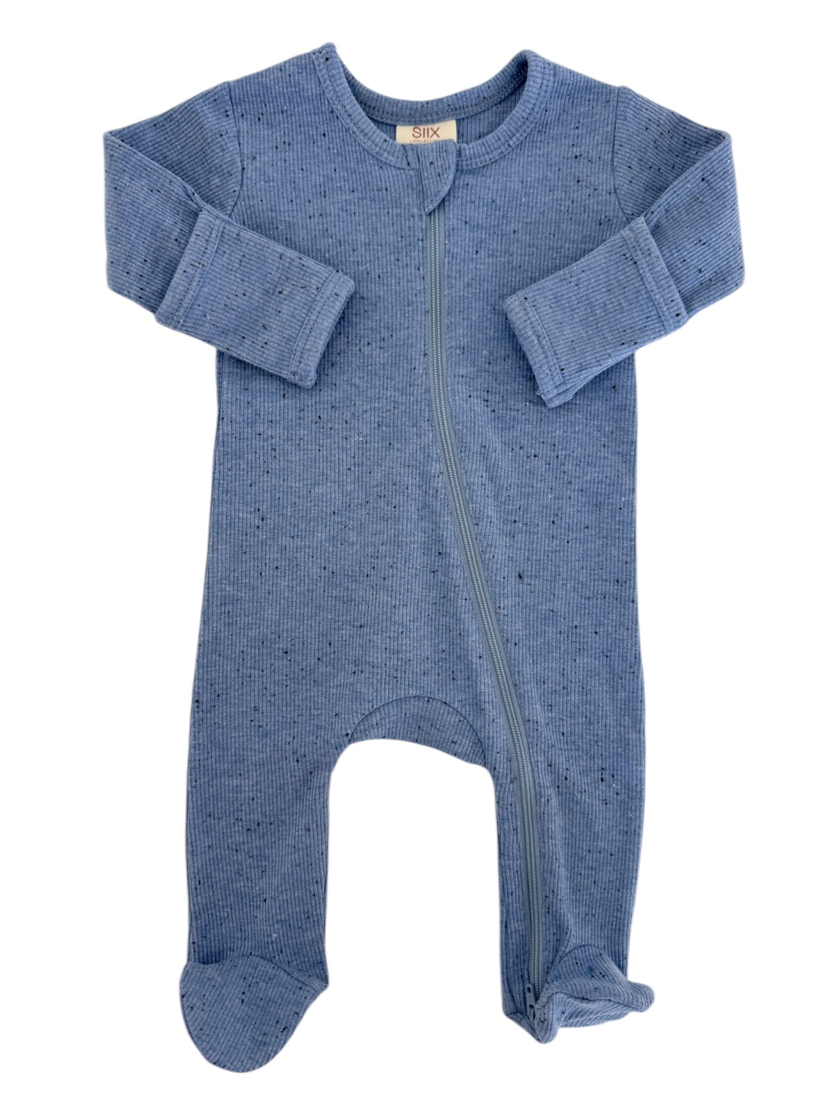Blue baby onesie with long sleeves and a front zipper, featuring a soft, textured fabric.