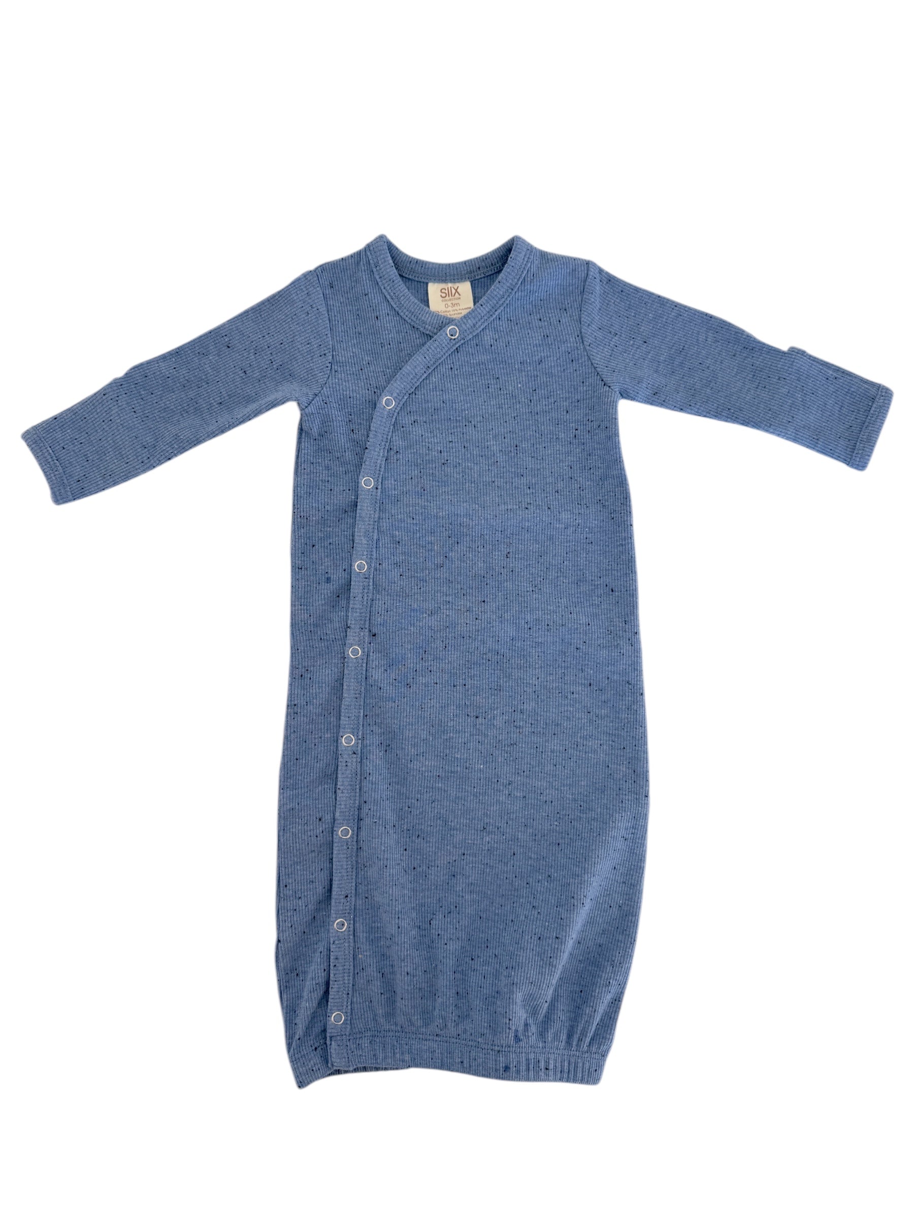 Light blue ribbed baby gown with long sleeves and side buttons. Ideal for comfortable infant wear.