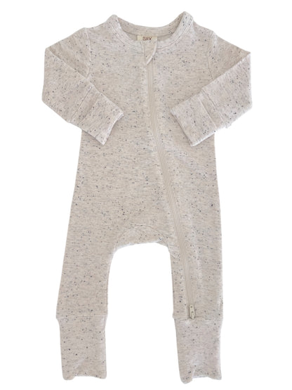 Light gray infant onesie with long sleeves and zipper closure, featuring a soft, speckled fabric design.