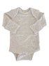 Light gray baby onesie with long sleeves and snap buttons at the bottom, featuring a soft speckled texture.