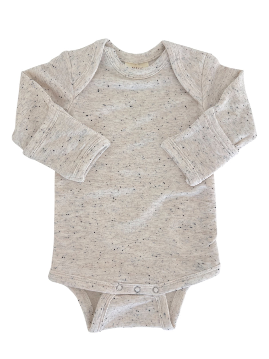Light gray baby onesie with long sleeves and snap buttons at the bottom, featuring a soft speckled texture.