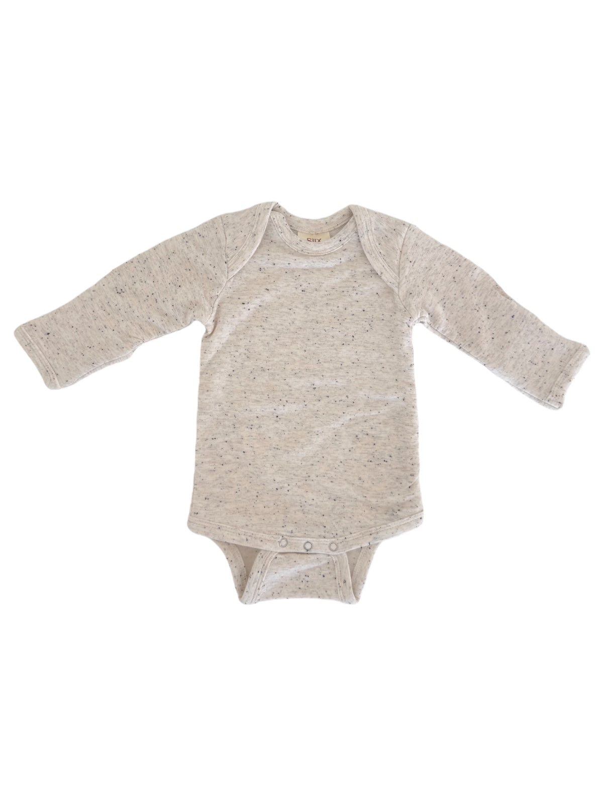 Light gray long-sleeve baby bodysuit with buttons at the bottom, featuring a soft speckled texture.